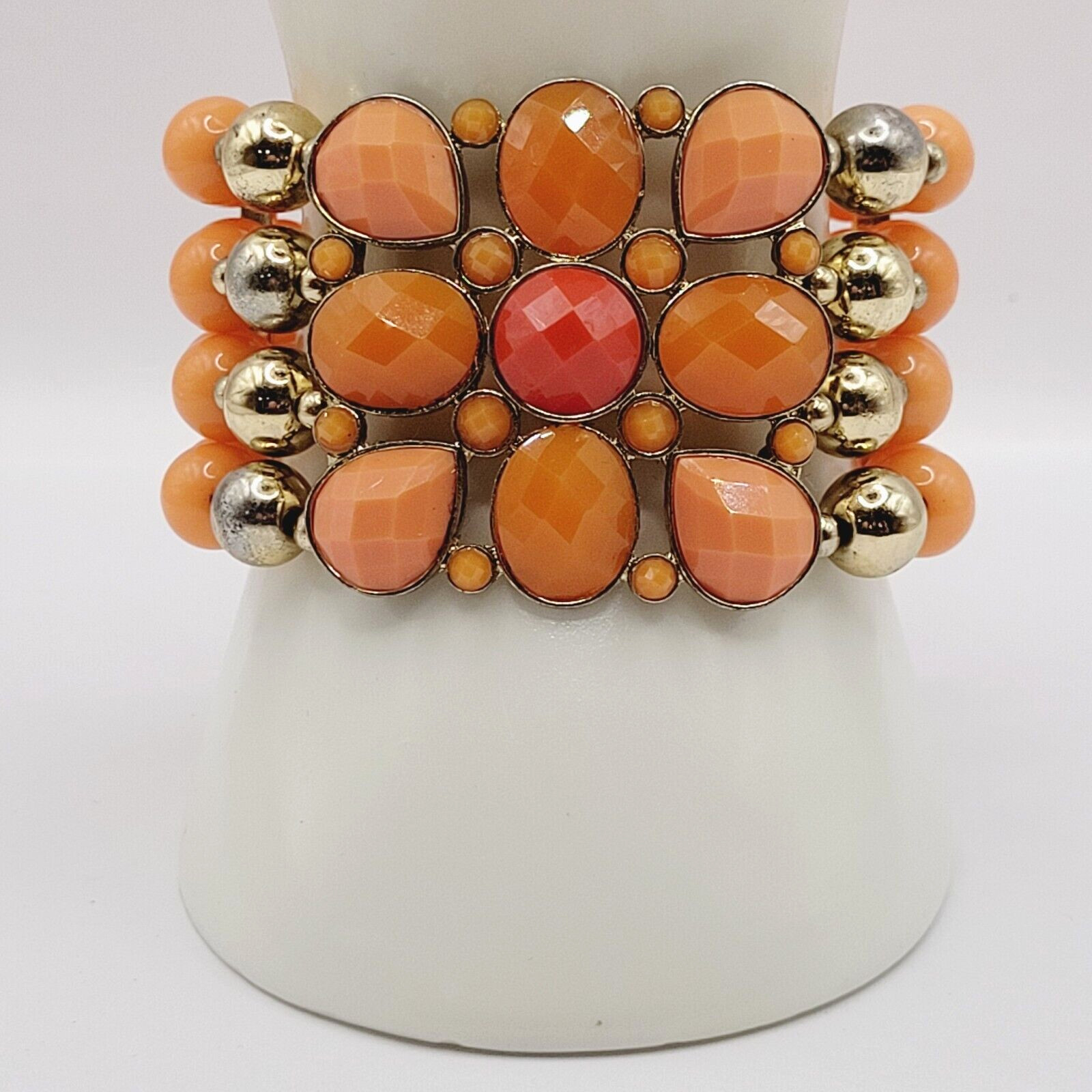 Orange Sherbet Melon Shade Wide Chunky Stretch Beaded Bangle Vintage Bracelet
