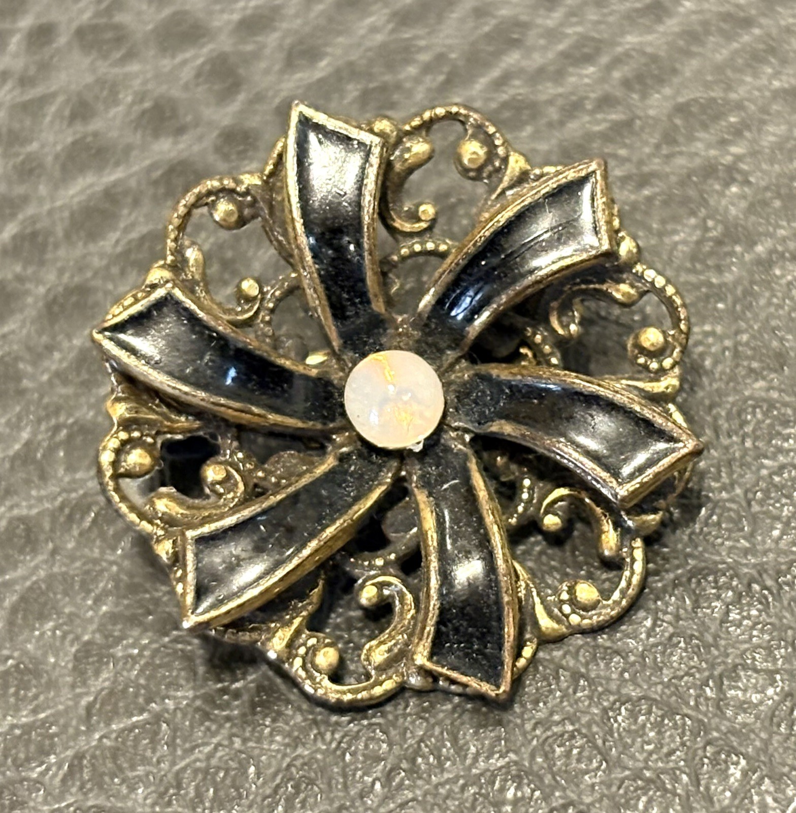 Vintage Victorian Black Enamel Gold Tone Faux Jelly Opal Flower Brooch Pin