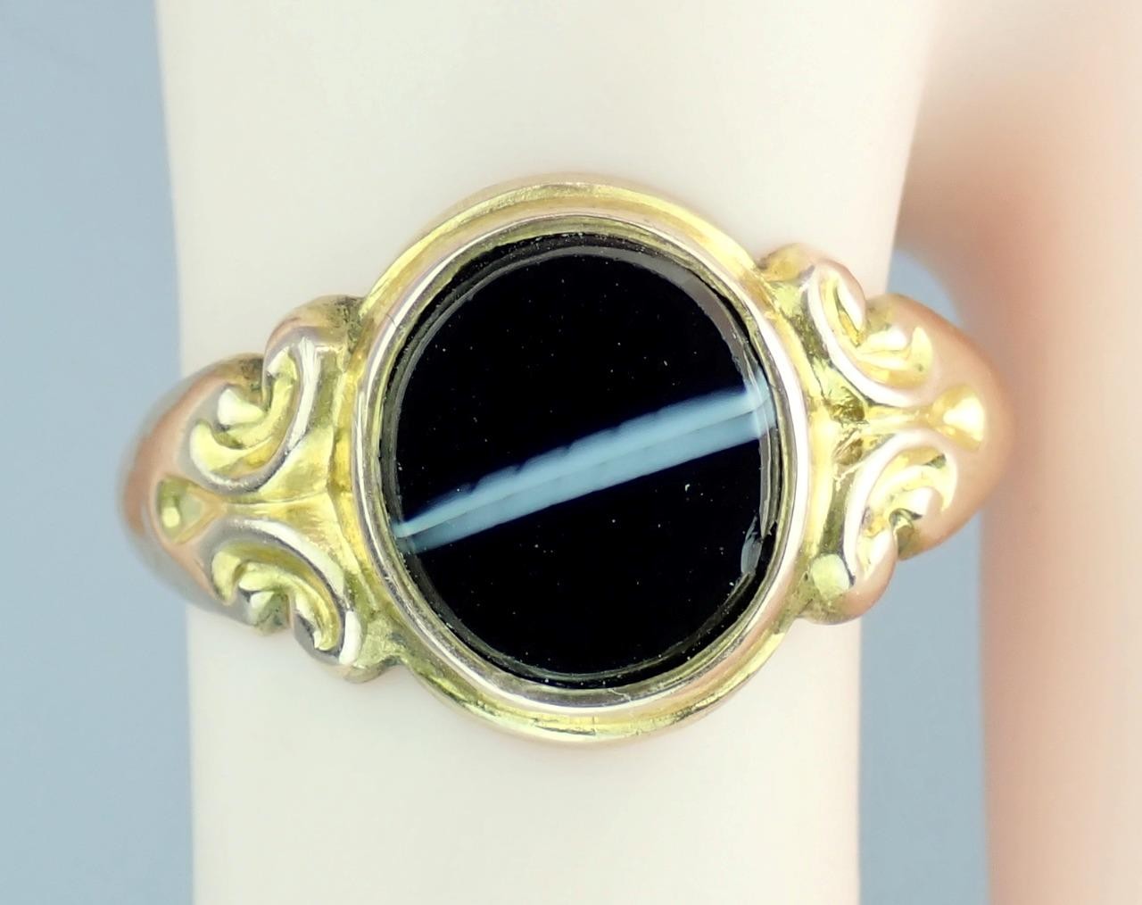 Fine Antique Edwardian Solid 9K Rose Gold Banded Agate Signet Pinky Ring 1904 8
