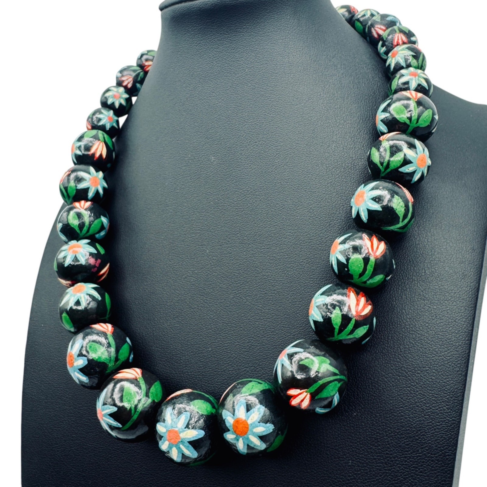 Vintage Chunky Hand Painted Wood Bead Necklace Black Multi-Color Floral BOHO
