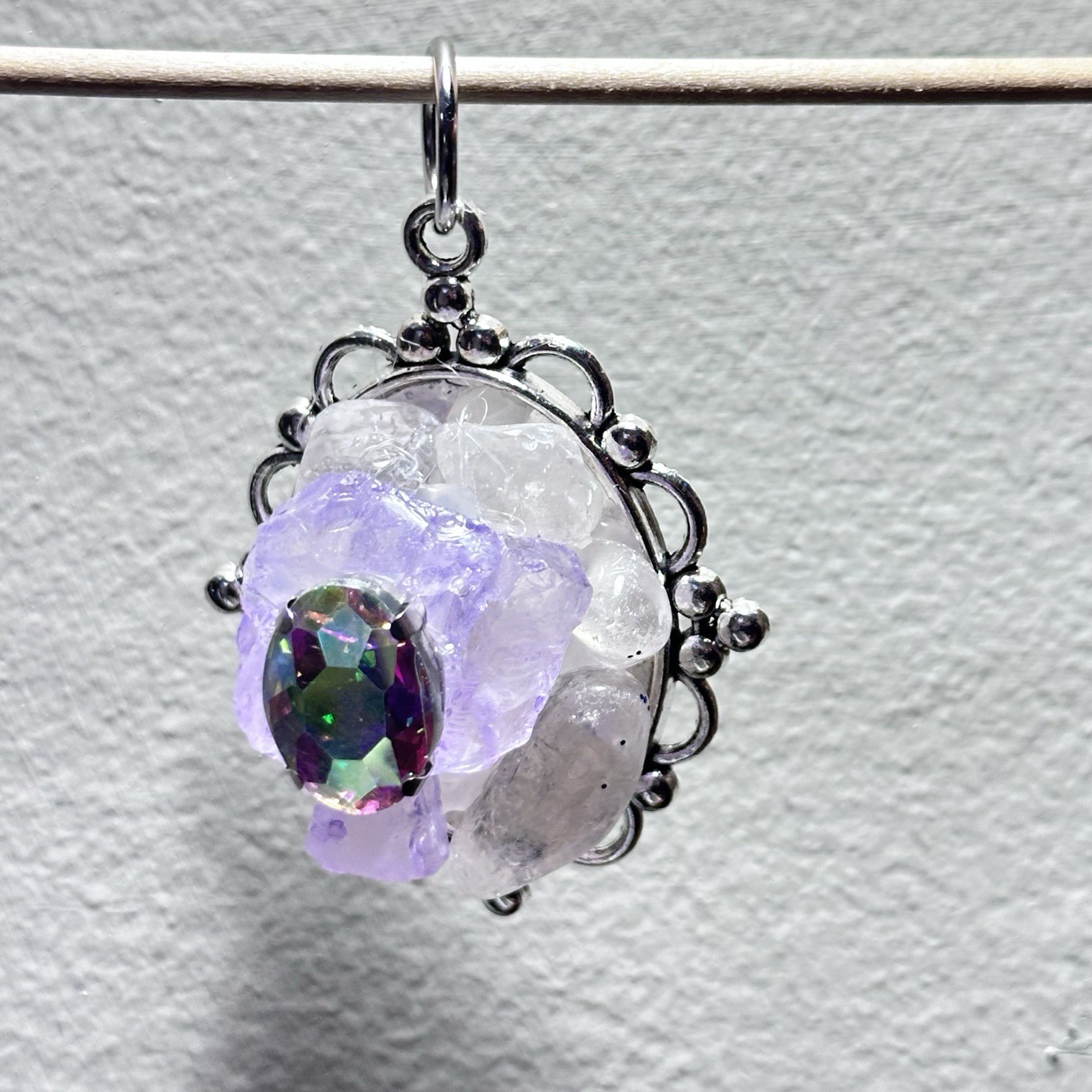 ARTISAN QUARTZ PENDANT GLASS BEADED COLLAGE NECKLACE HANDMADE STATEMENT OOAK
