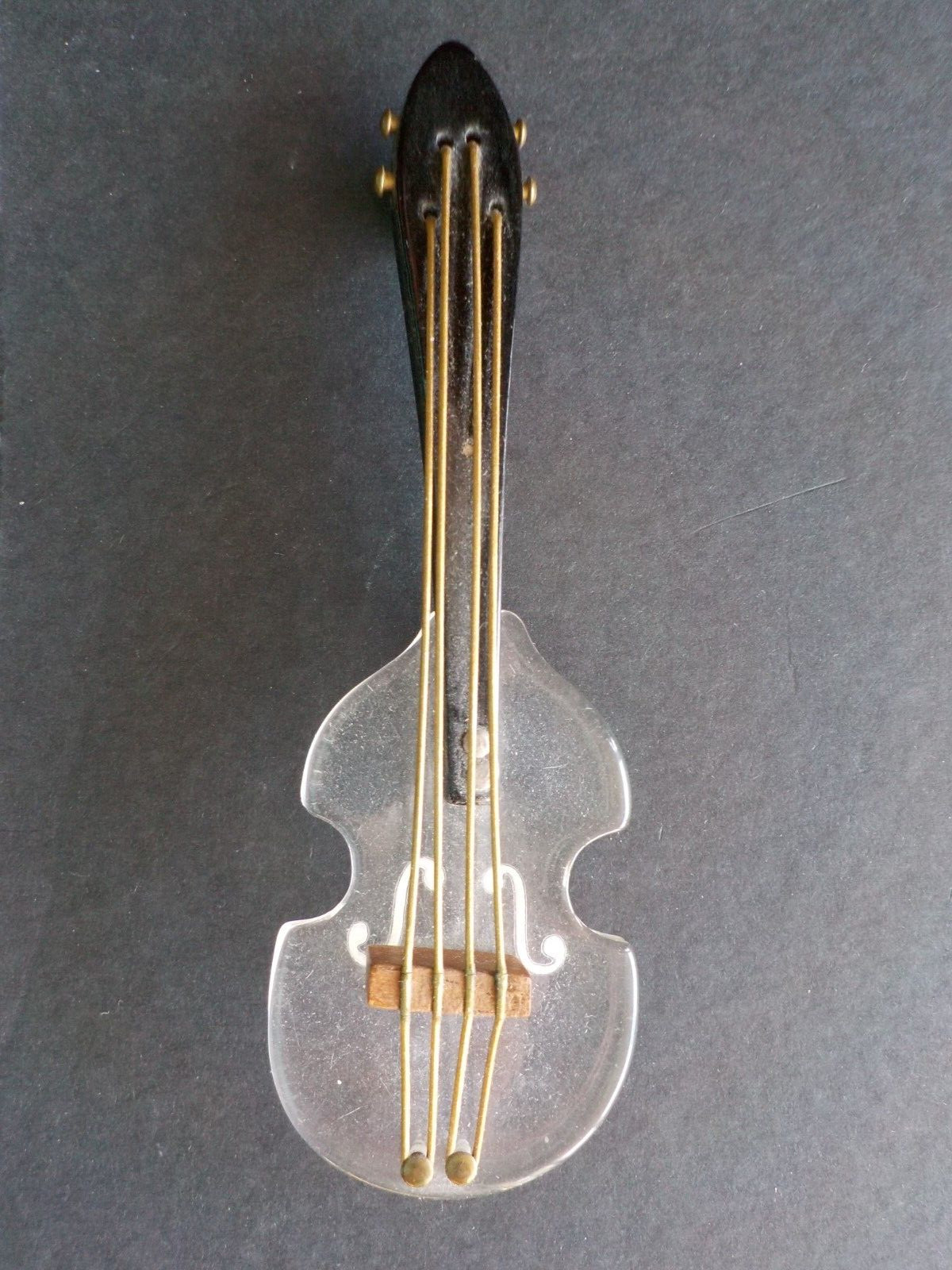 Vintage Black & Clear Lucite & Wood Fiddle or Violin Pin Brooch
