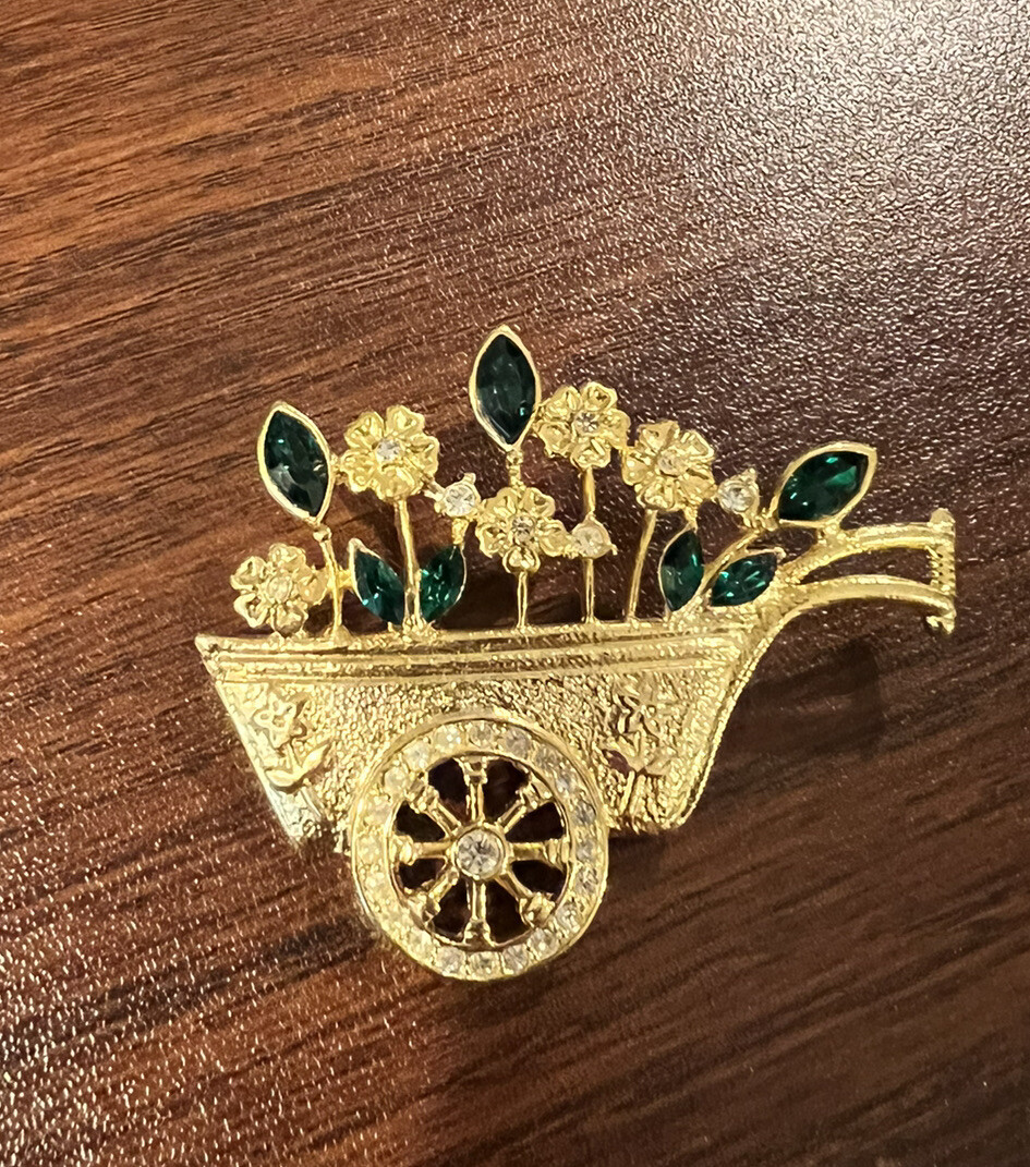 Gold Tone Green Rhinestone Flower Garden Wheelbarrow Wagon Cart Brooch Pin