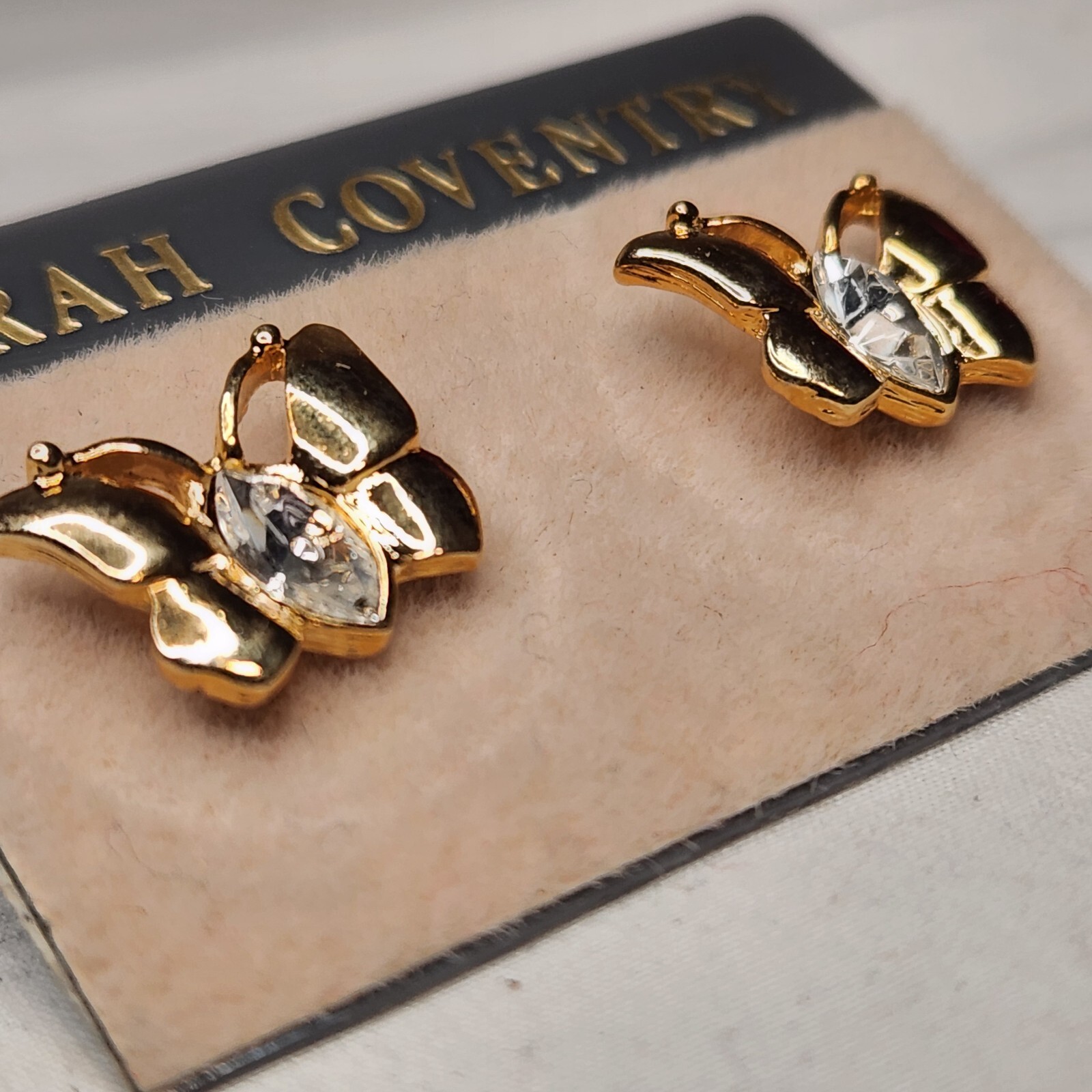 Sarah Coventry Goldtone Butterfly Earrings Clear Rhinestone Post Set 1/2 Inch