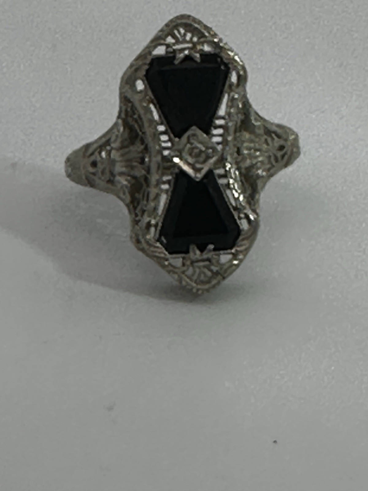 Vintage 14k White Gold Estate Onyx Diamond Ring Filigree Art Deco