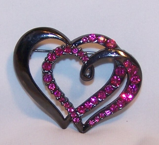 Vintage Valentine’s Day Double Heart Pin Brooch-Pin Rhinestones-Gun Metal Color