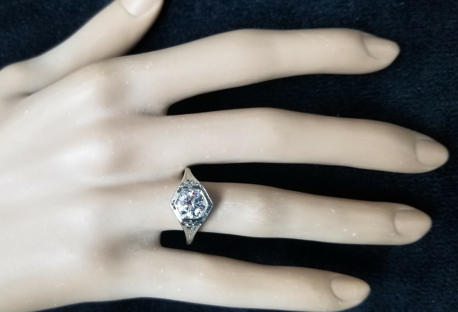 18k White Gold Vintage Engagement Ring 1.10ct.Euro Cut Round Champagne Diamond