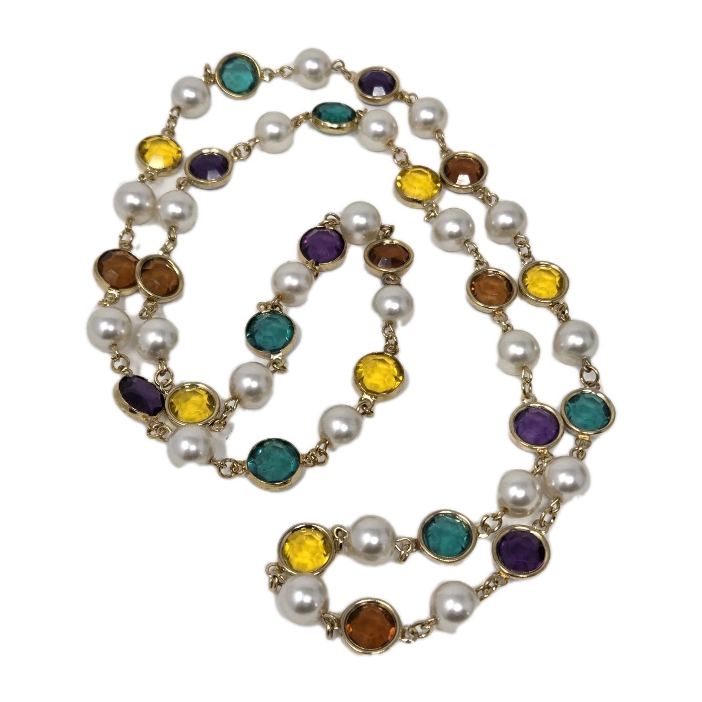 Faux Pearl & Multicolor Bezel Set Acrylic Crystal Necklace 35 Inches Vintage