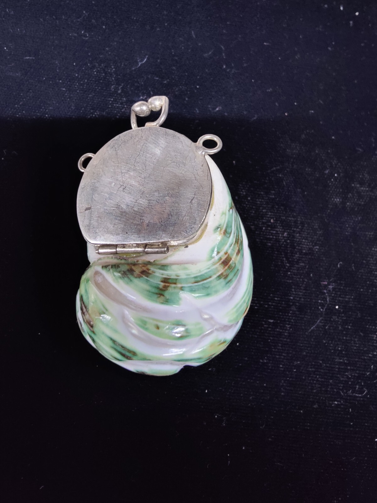 Natural Green Hand Carved 🐚 Sea Shell “Stash” Locket With Silver Free Shiping