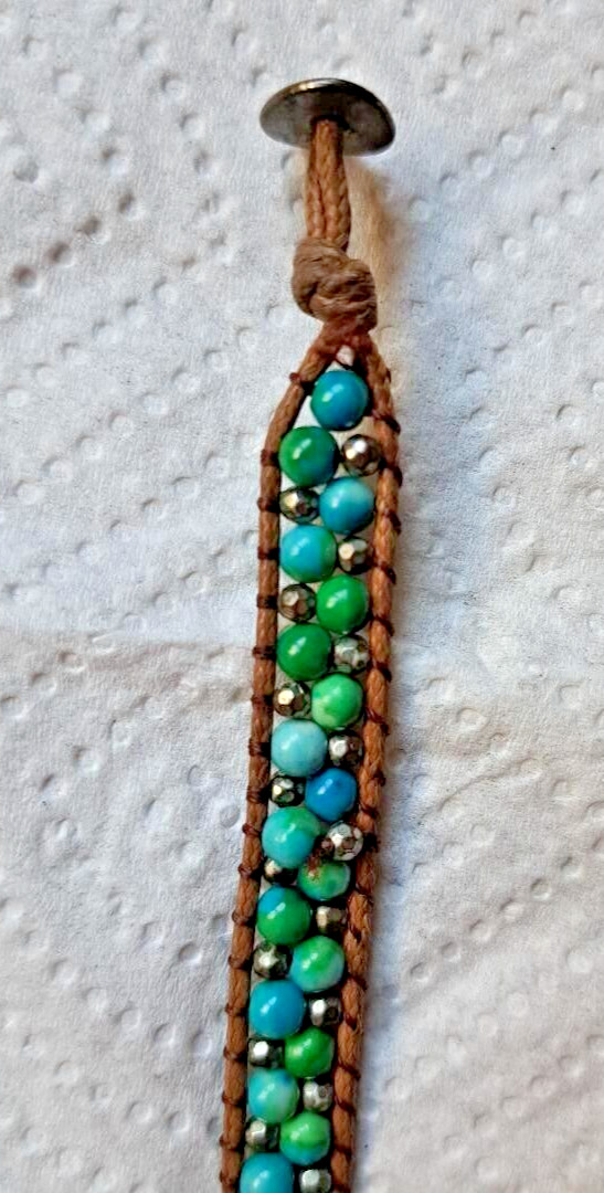 PRE-OWNED GREEN AND BLUE BEADED LEATHER CORD WRAPPED CHOKER – APPROX 12 1/2″