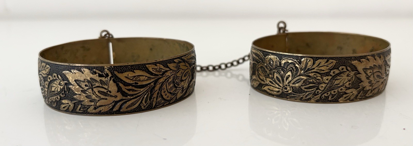 PAIR – Victorian Brass Bracelets Etched Floral Design Bangle Hinged Together