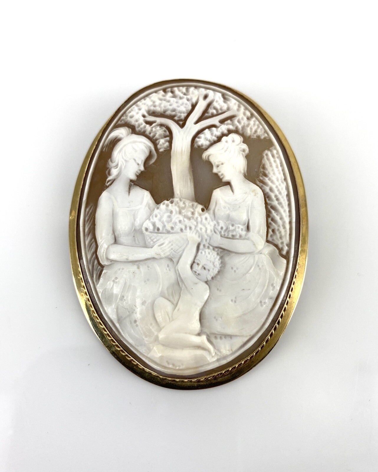 Vintage Large European 9 Karat Gold Framed Shell Cameo with Classical Scene