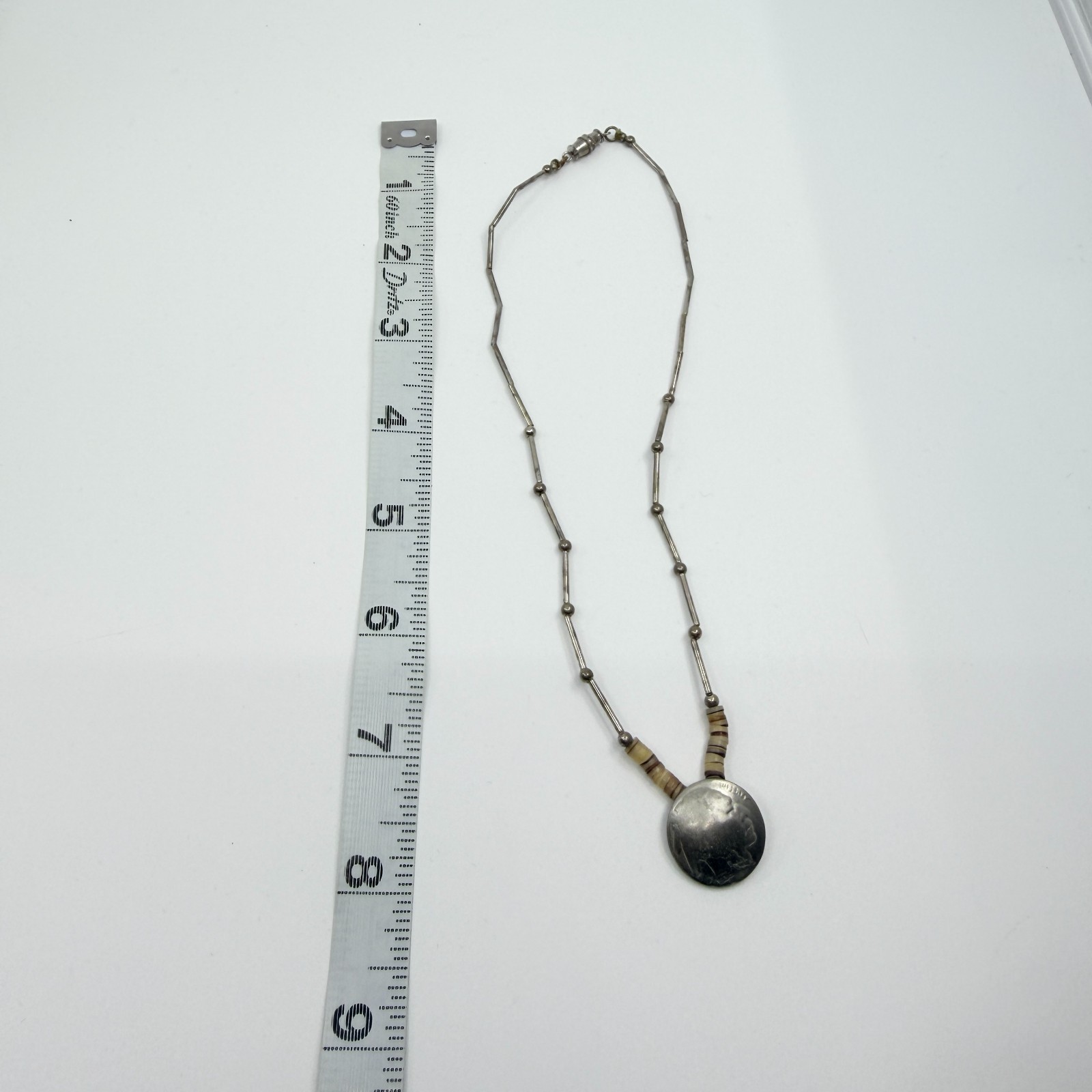 VTG Southwestern Buffalo Nickel Coin Pendant Necklace Liquid Silver Tone Heishe