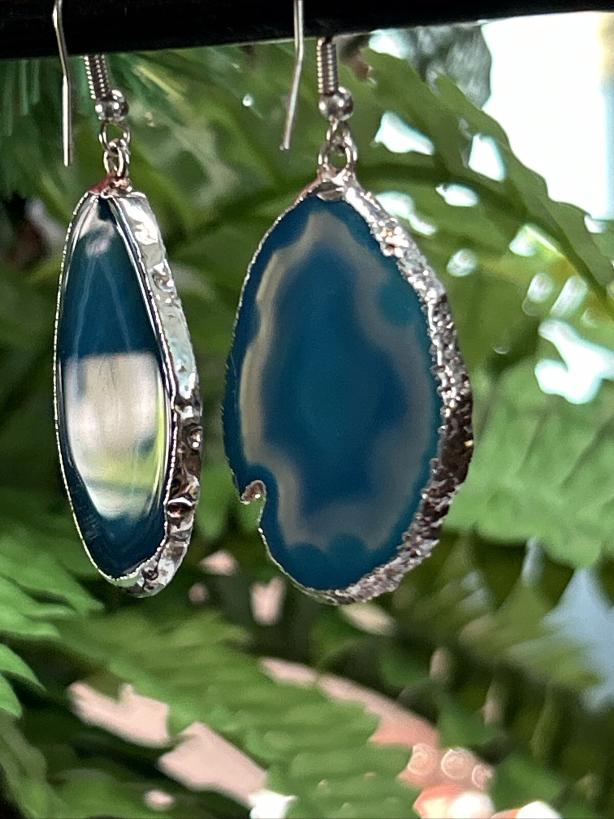 Vintage Silver Tone Blue Geode Slice Dangle Drop Pierced Earrings Large 2.25”