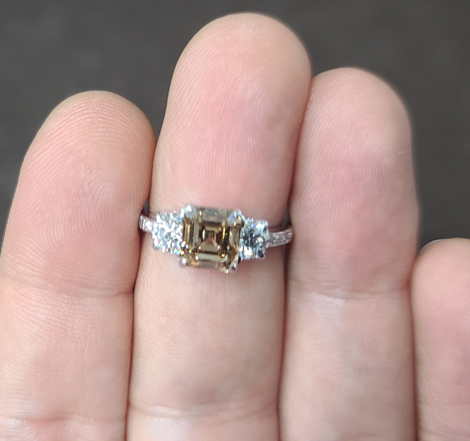 14k White Gold Vintage Engagement Ring 2.06ct. Champagne Diamond Asscher Cut