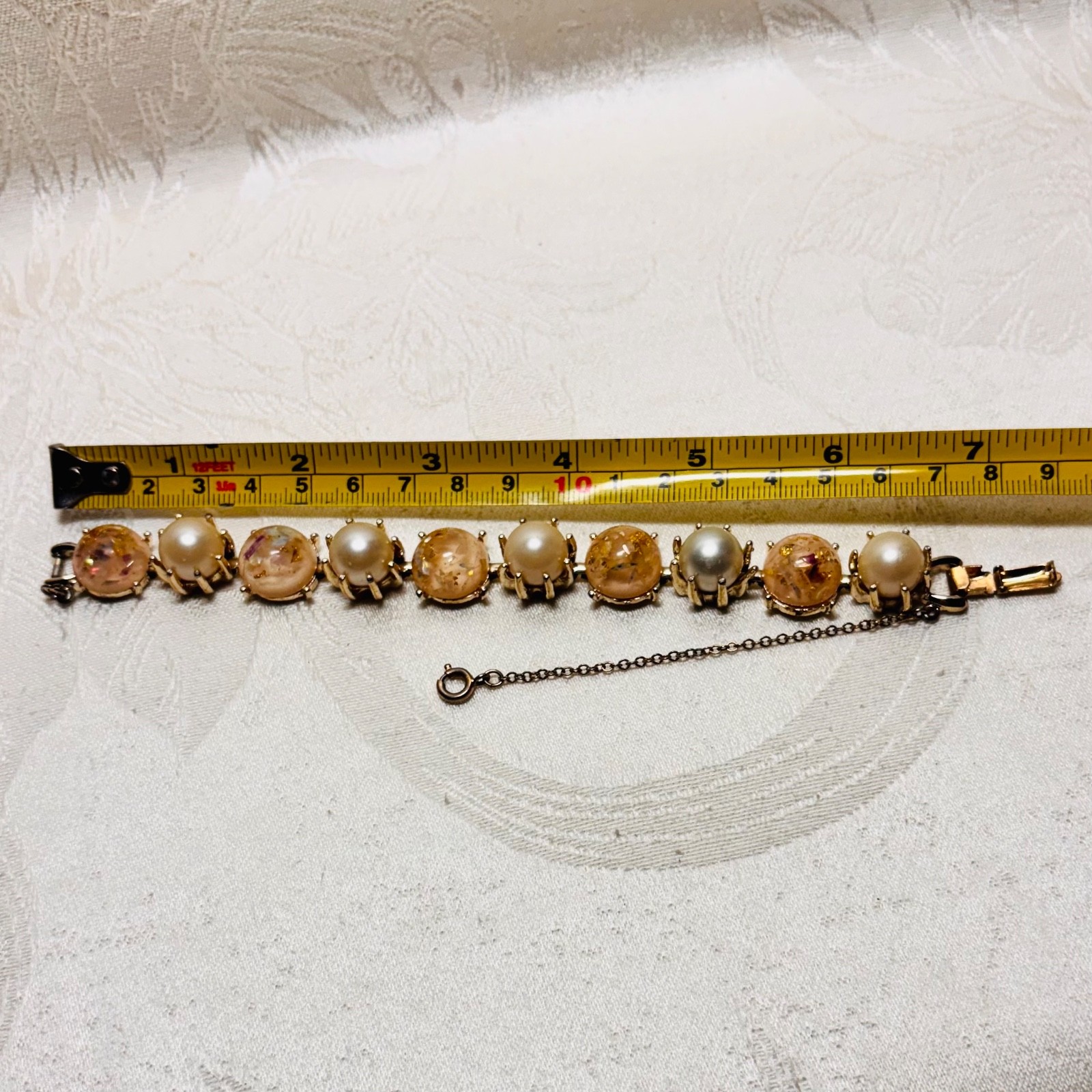 CORO pink confetti Lucite cabochon faux pearl bracelet fold over clasp vintage