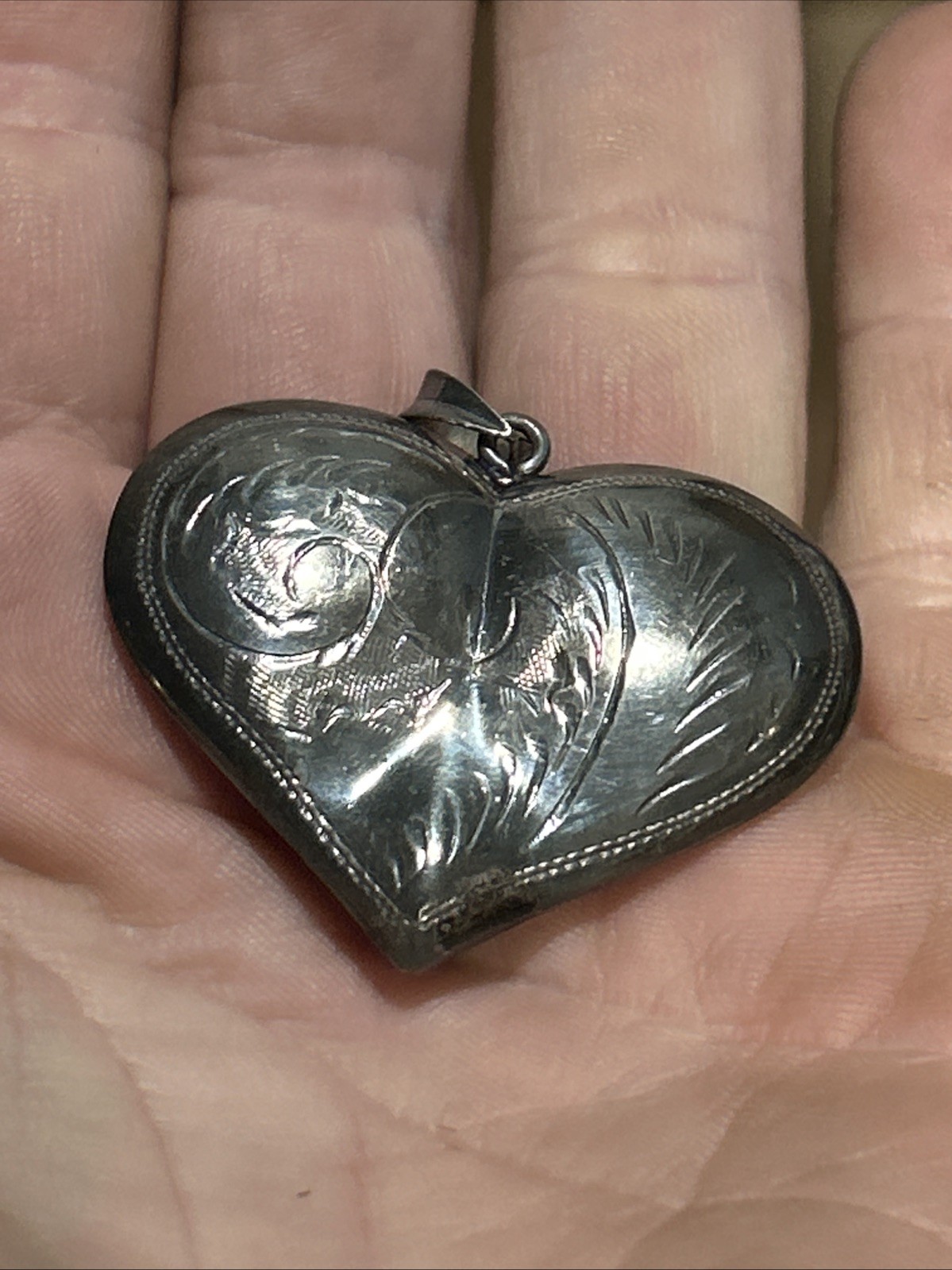 Antique Large Victorian Sterling Silver Puffy Heart Charm Pendant Early 1900’s