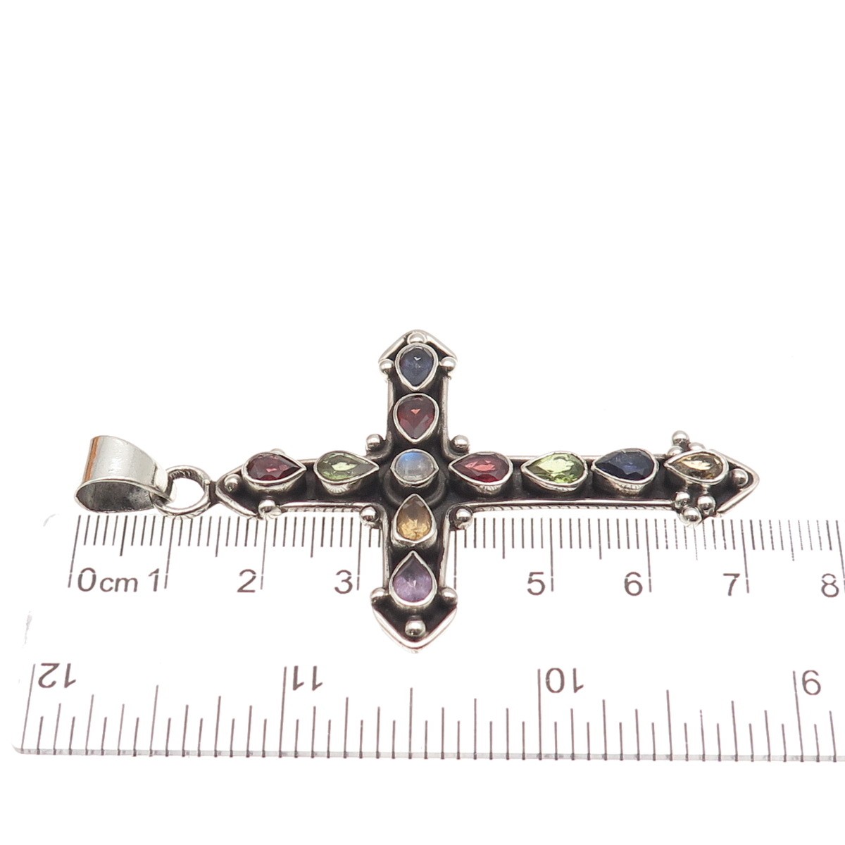 Sterling Vintage Amethyst Iolite Peridot Garnet Citrine Moonstone Cross Pendant