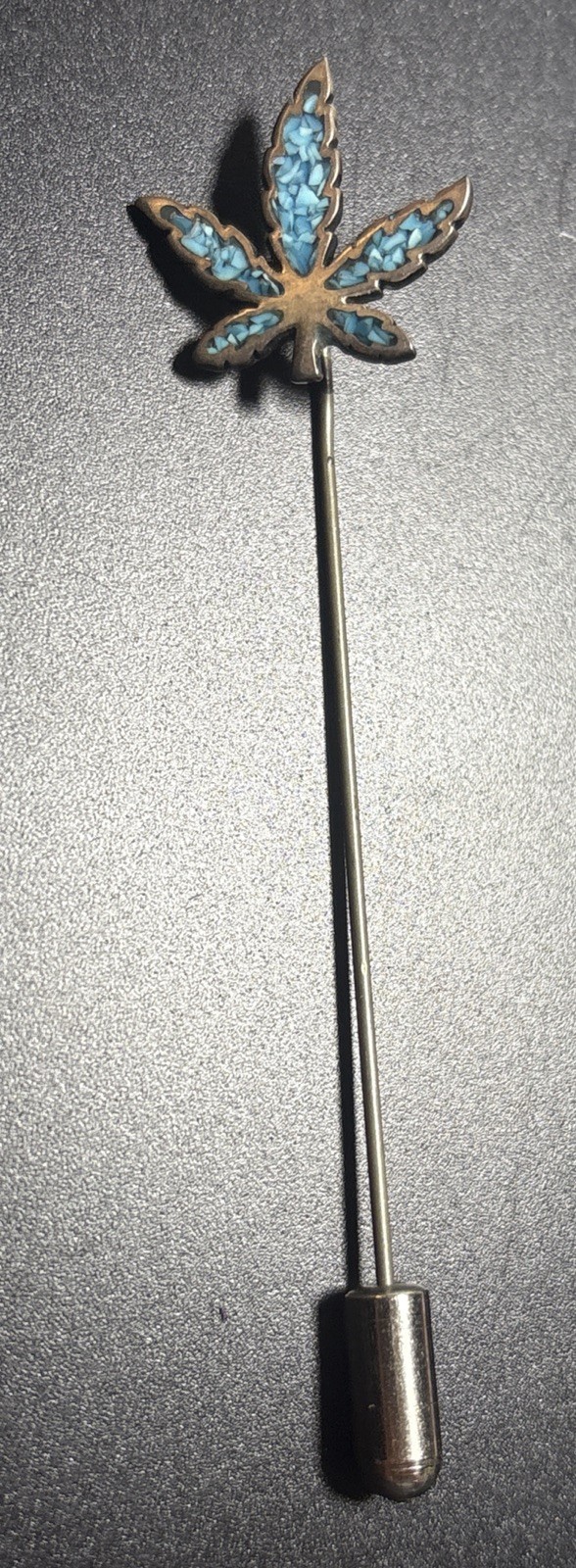 Vintage Silver Tone Leaf Stick Pin Turquoise Chip Inlay Lapel Hat Pin