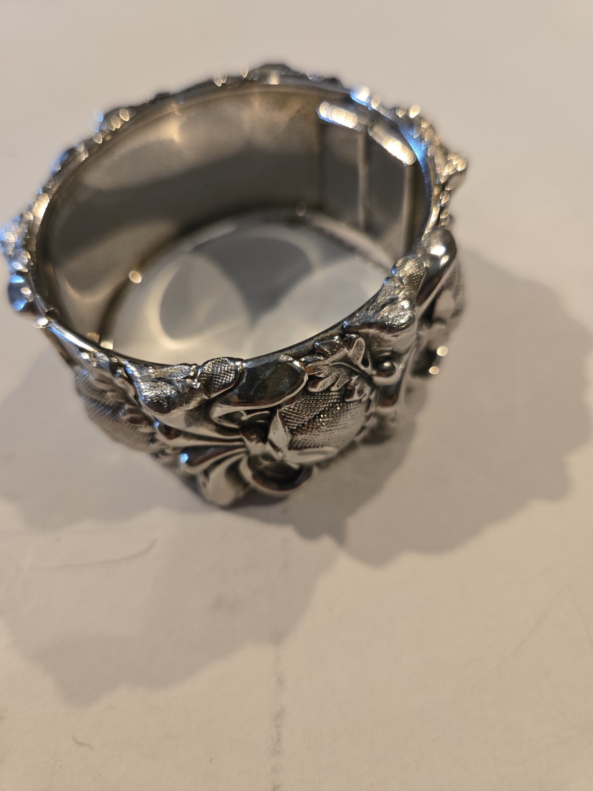Vintage Bracelet Whiting and Davis Cuff Floral Motif Repousse Clamper Hinge