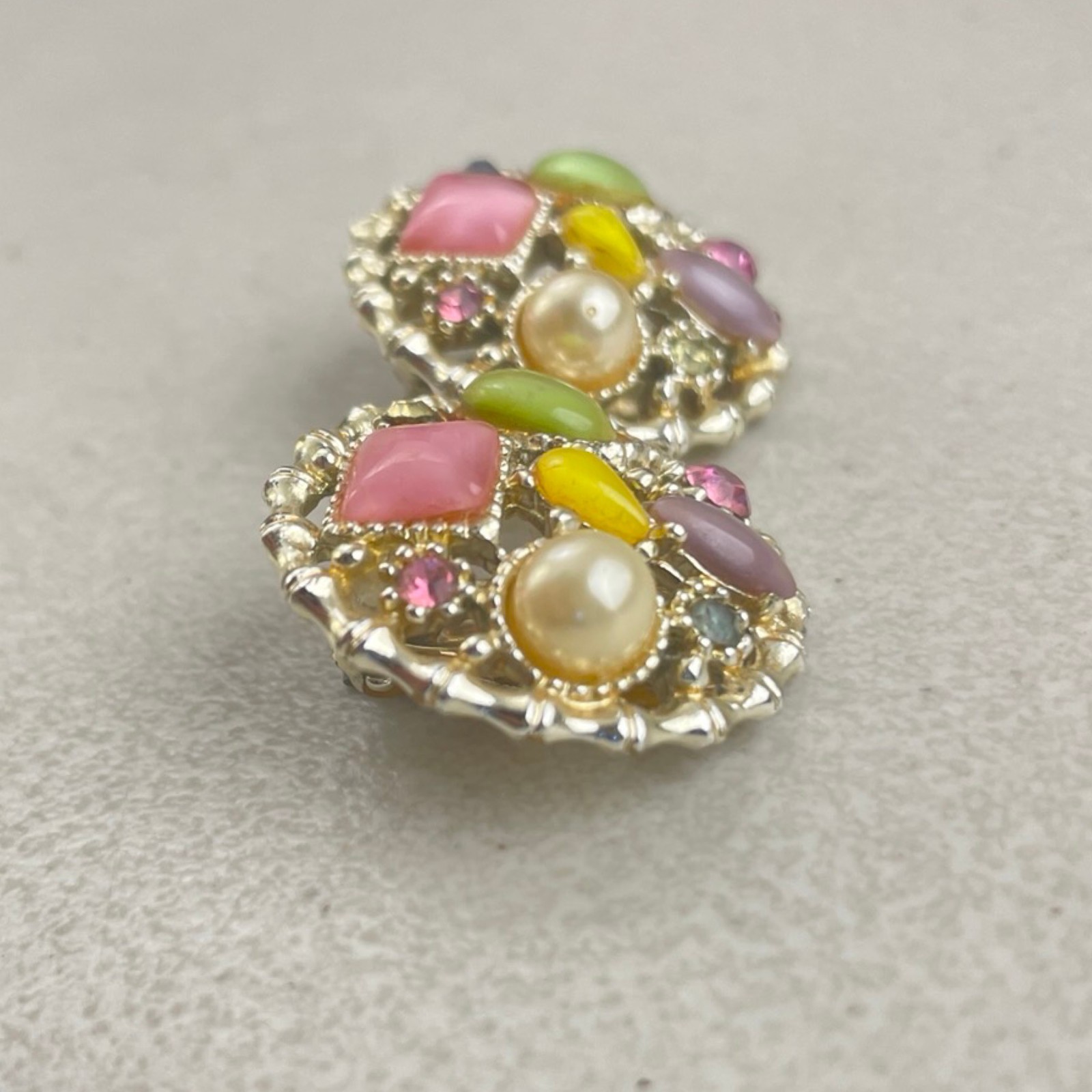 Vintage Colorful Bead Round Earrings 1970s Glass Crystal & Acrylic Clip Ons