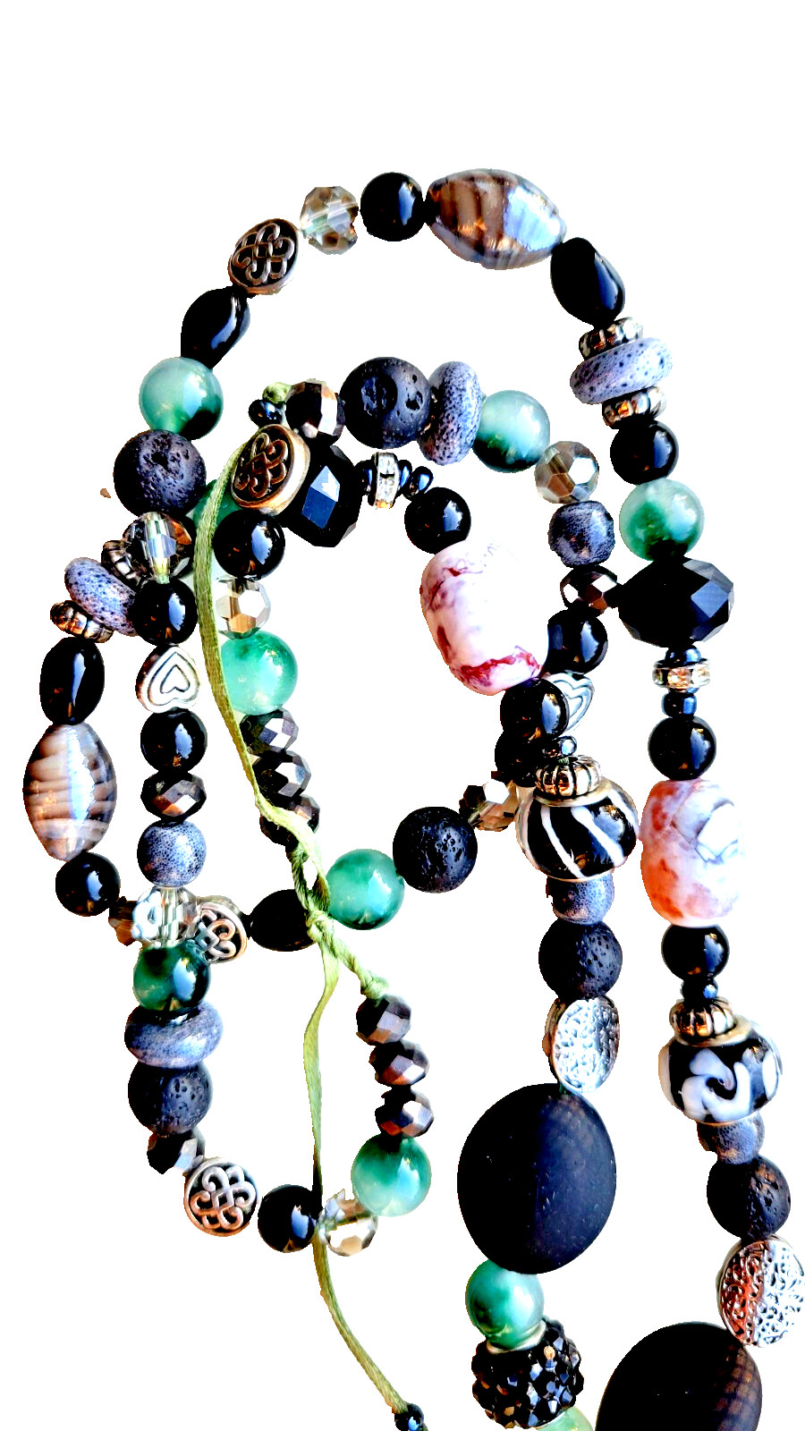 30″ necklace, rich green jadeite, black lava stone, lamp work, agate, silver.