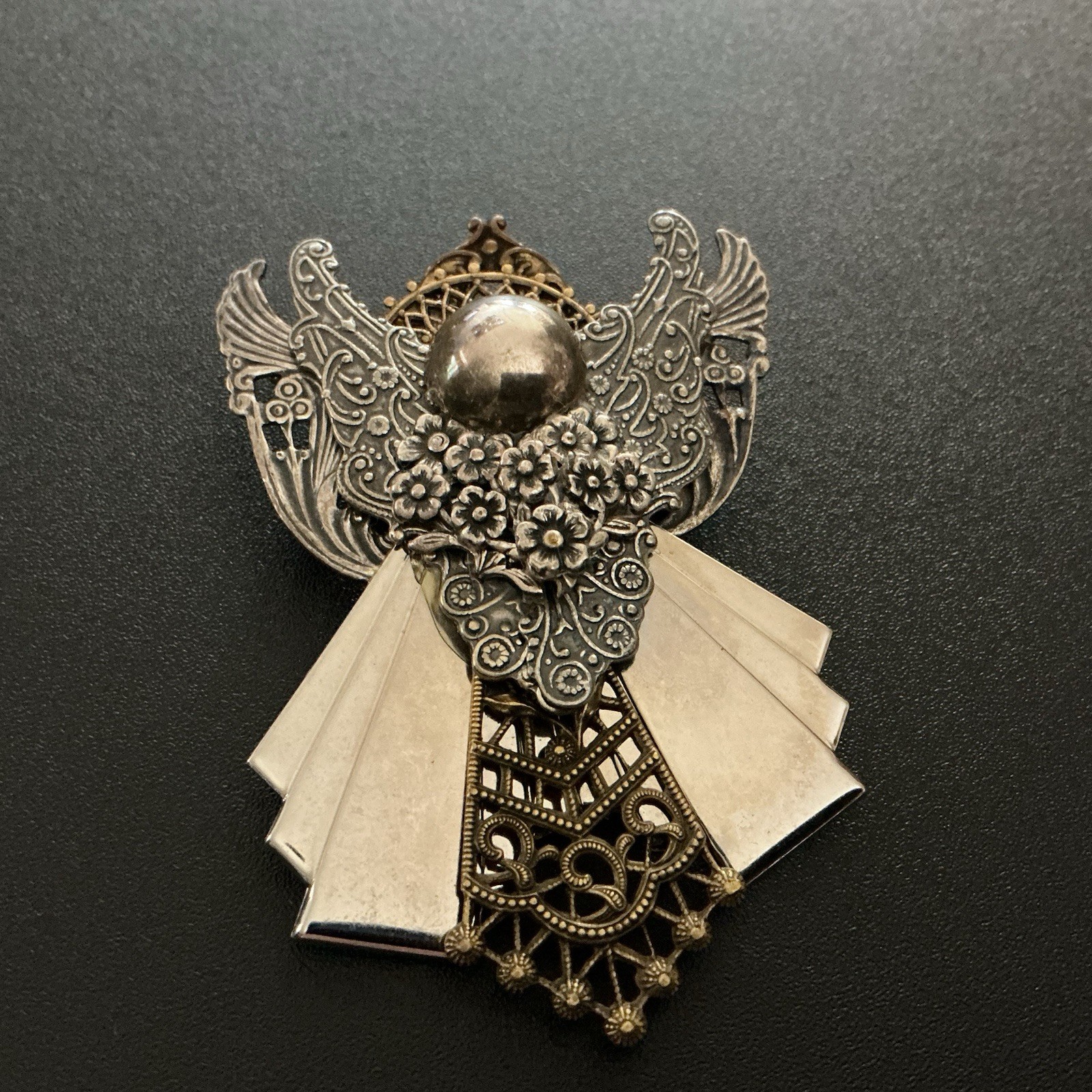Vtg Brooch SilverT Angel 3” L 2-1/4” W Signed By Artist 1997 Memorial Ethereal