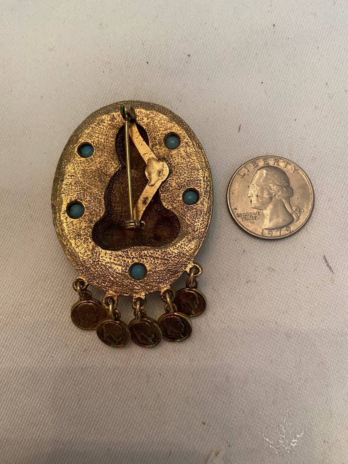 Vintage ZENTALL? Estate BUDDHA Goldtone Brooch w/Dangling Coins & Turquoise