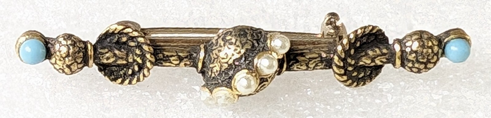Vintage Etruscan Revival Seed Faux Pearls & Tiny Blue Cabs Bar style Brooch