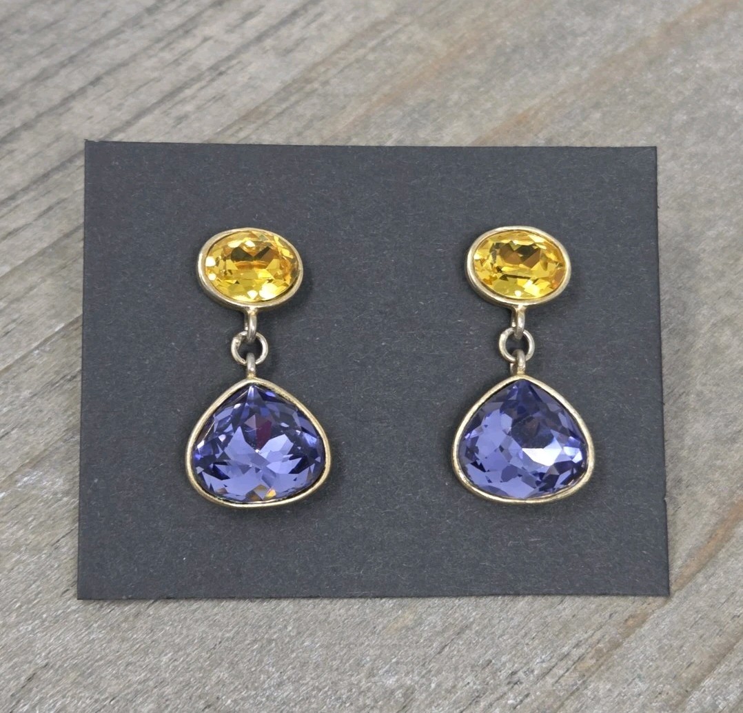 Purple & Yellow Crystal Dangle Drop Earrings Vintage Teardrop Unsigned .9″