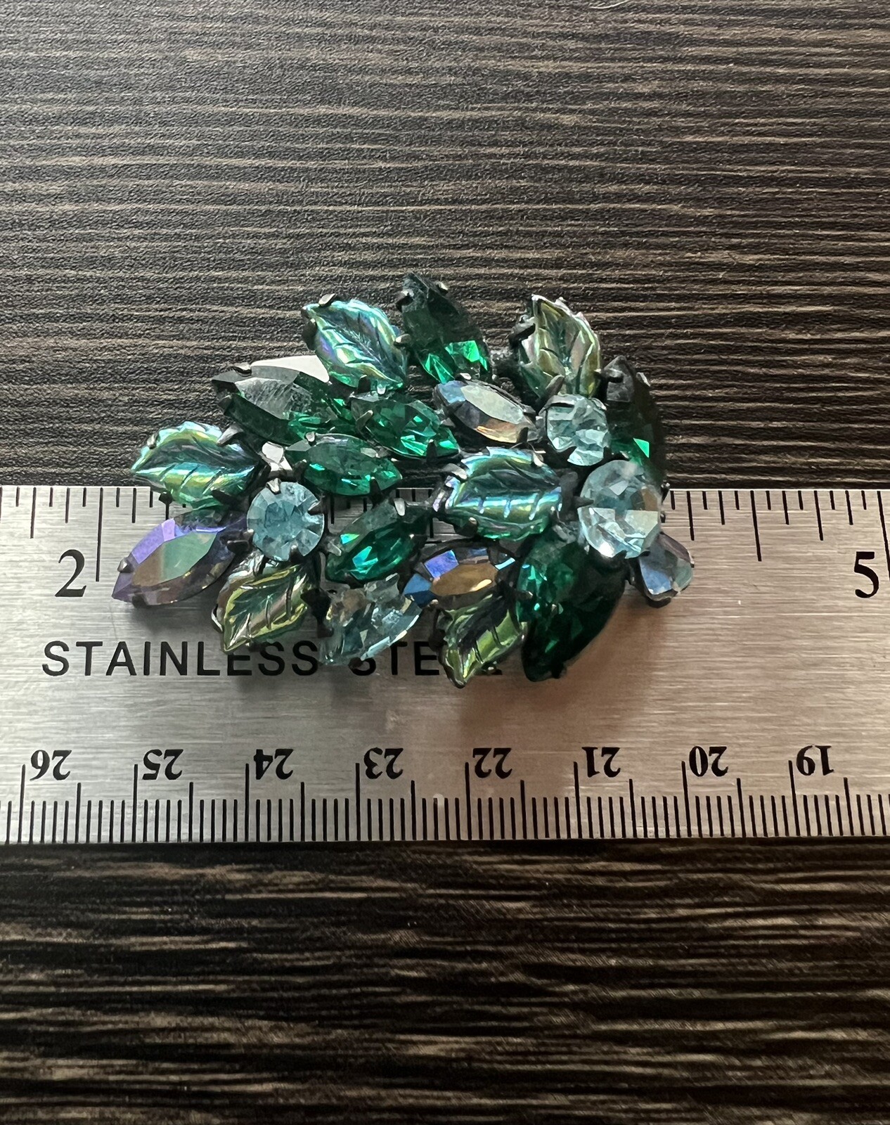 Vintage Signed Regency Green Teal Blue Molded Glass Leaf AB Rhinestone Brooch