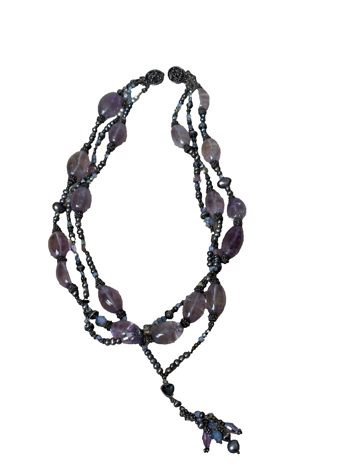 Artisan Purple Glass Silver Beaded 925 Triple Strand Necklace