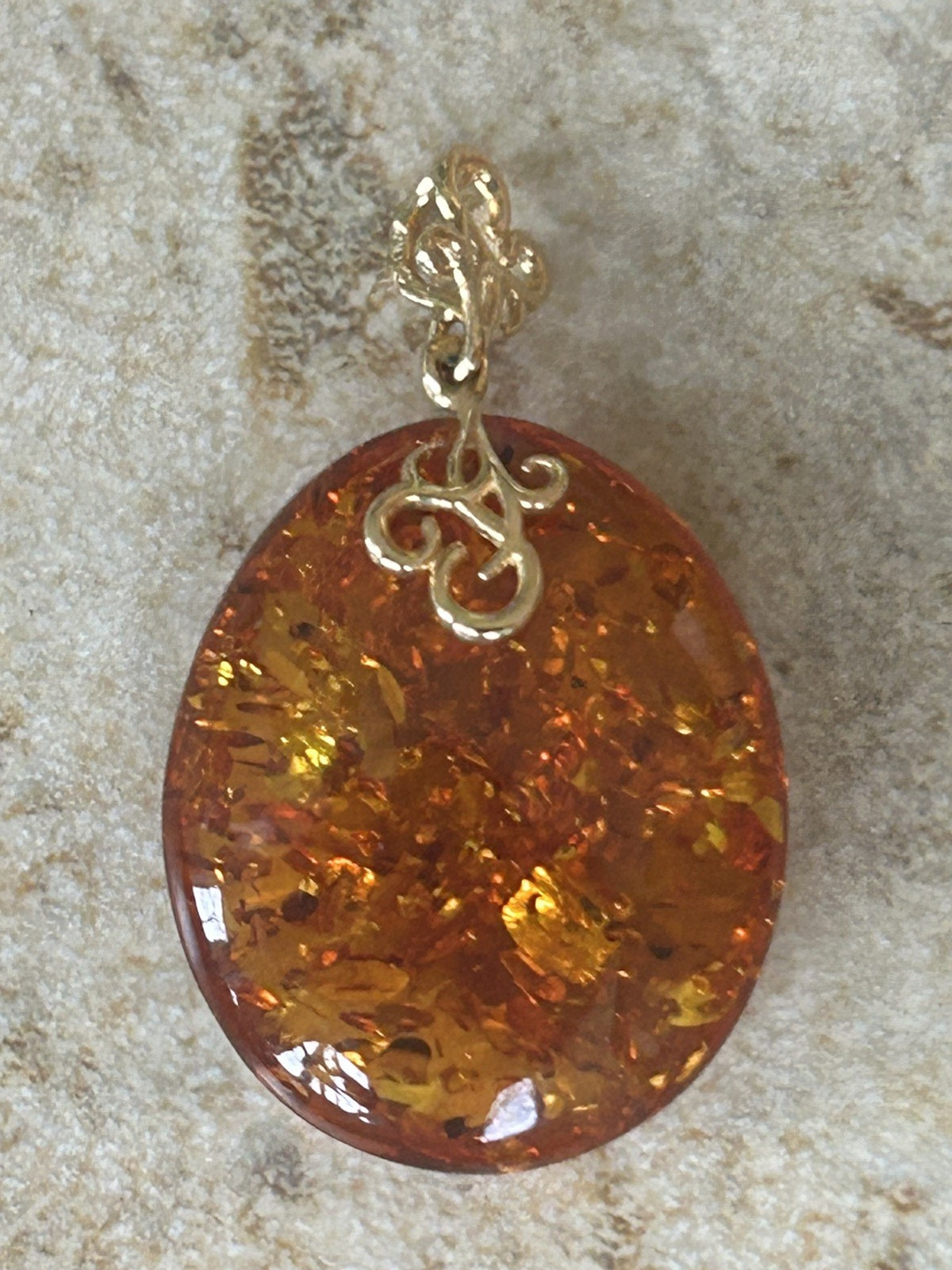 14K Gold Genuine Baltic Amber Cognac Teardrop Pendant