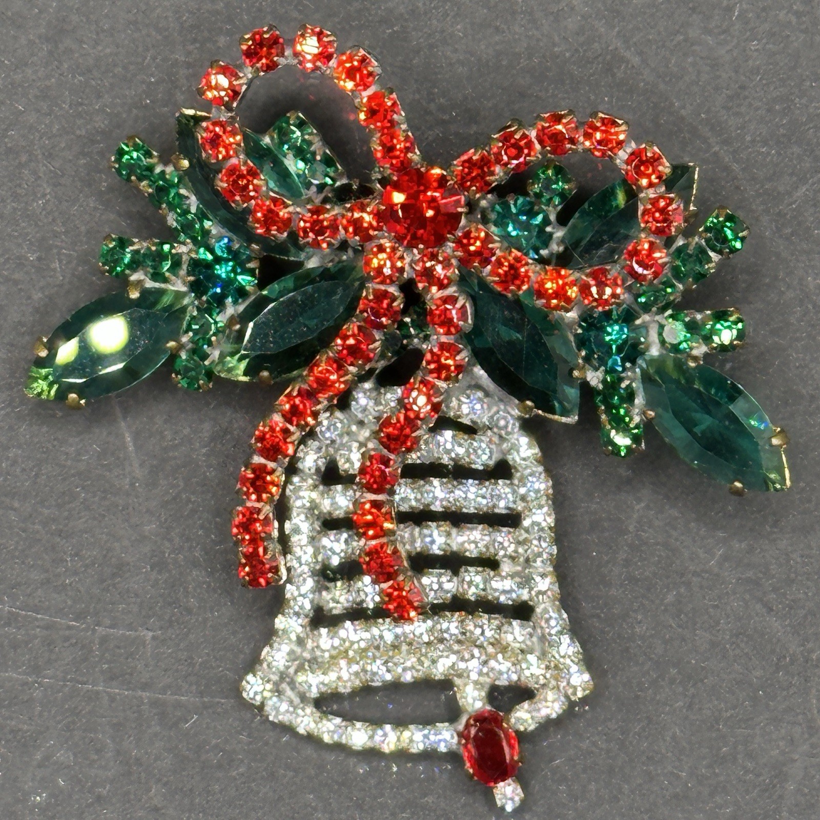 Vintage Czech Christmas Bell Brooch Art Deco 1925-1950s, Crystal & Glass OOAK