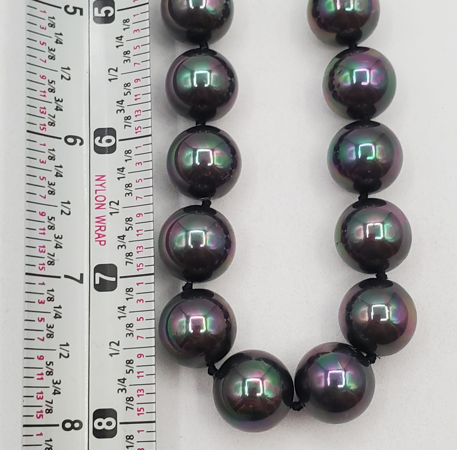 VTG 925 Vermeil Peacock Faux Pearl Necklace 12mm Gray Green Purple Hand Knotted