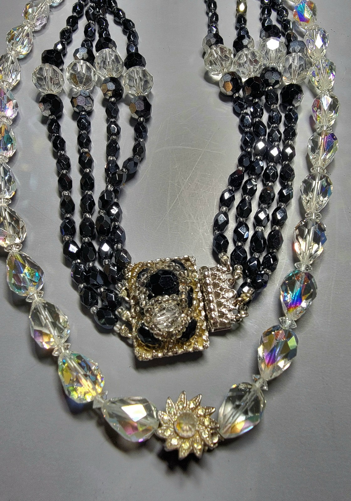 Sandor 4 Strand Black Crystal Signed Beaded And AB Clear Faceted Oval Necklaces