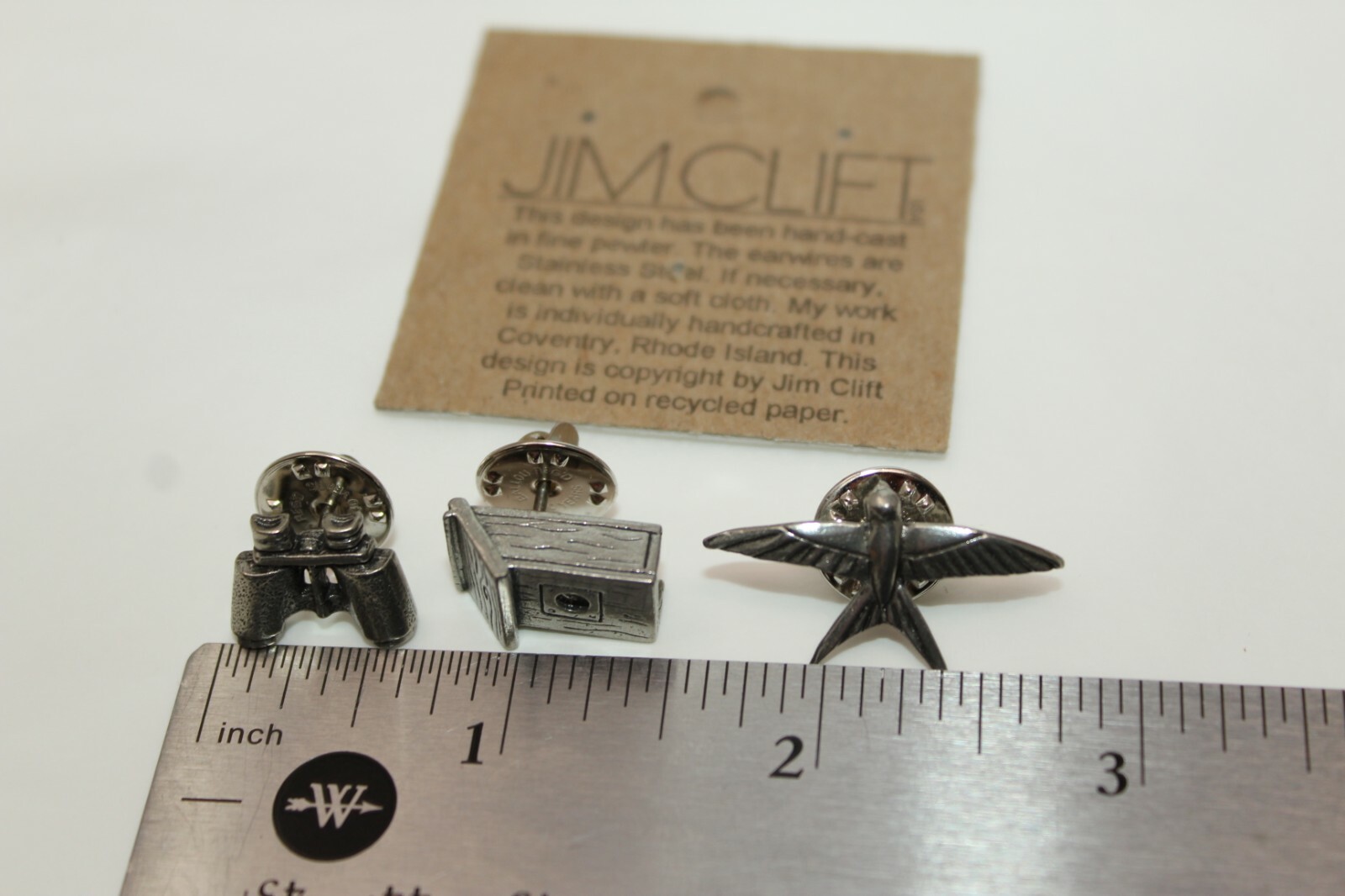 JIM CLIFT Pewter 3 Piece Birdwatching Lapel Pin Set Bird Birdhouse Binoculars