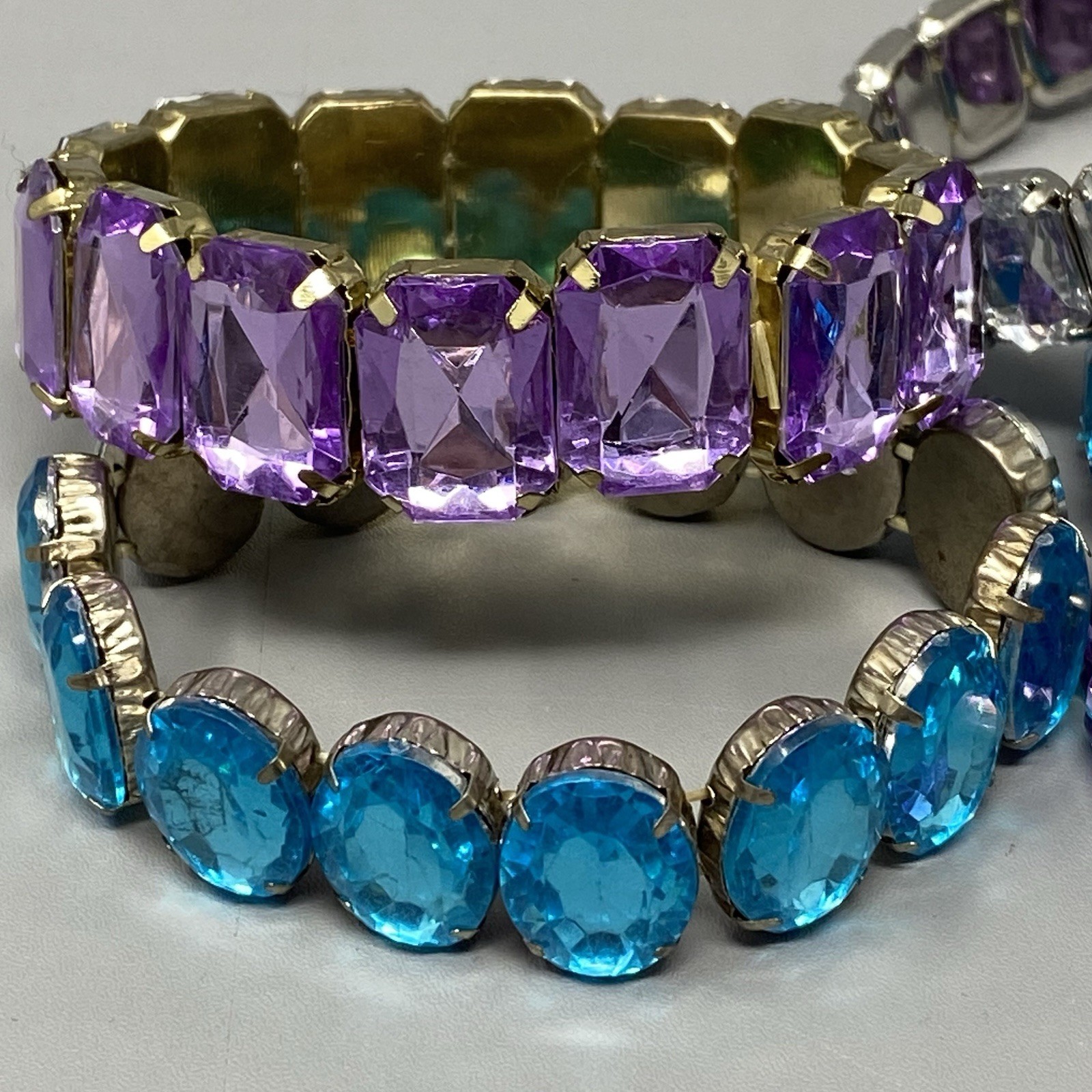 Rhinestone Stretch Bracelet Lot of 6 Blue Purple Clear Acrylic Silver Gold Tone