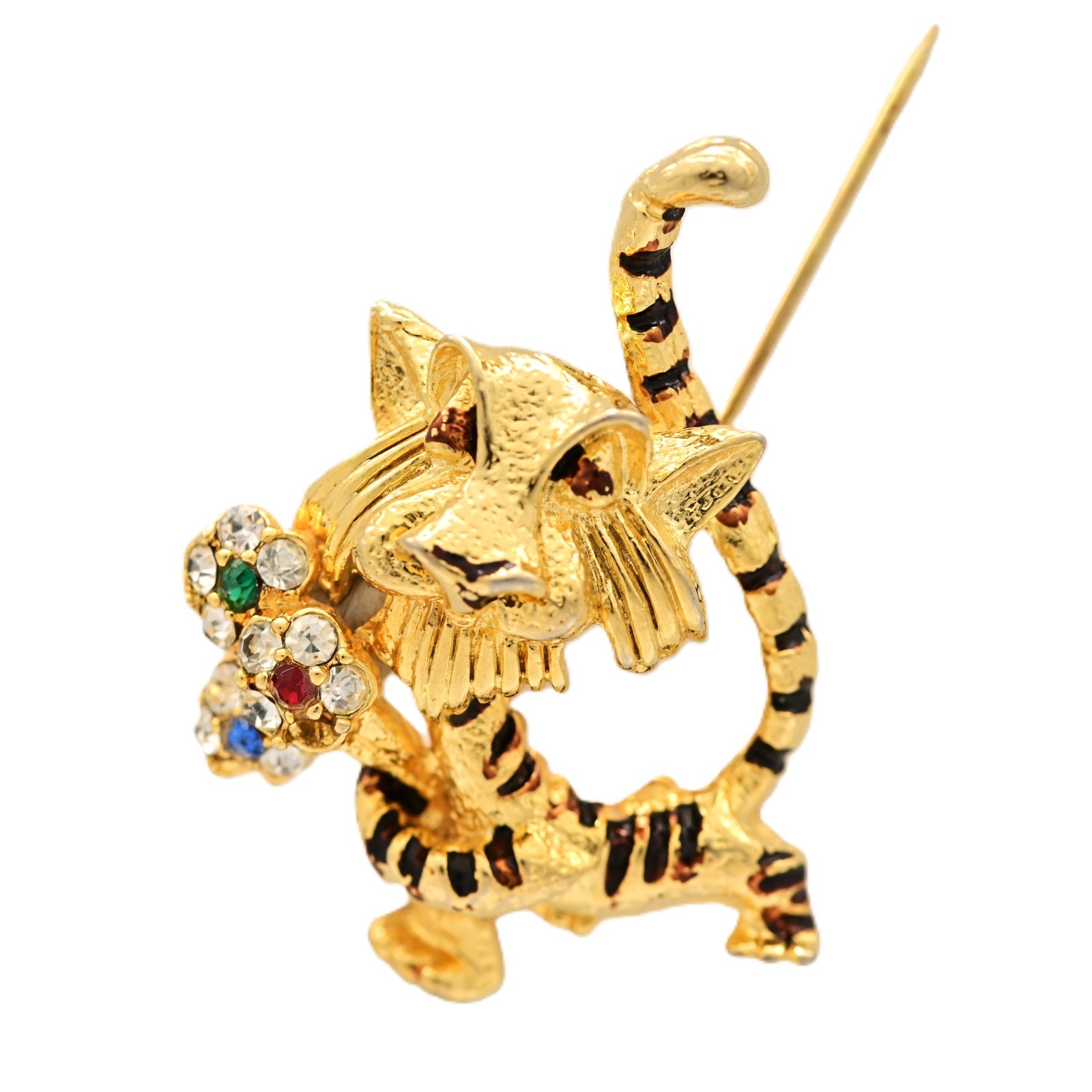 J MAZER Original Vintage Multi Rhinestone Enamel Estate Flower Tiger Brooch Pin