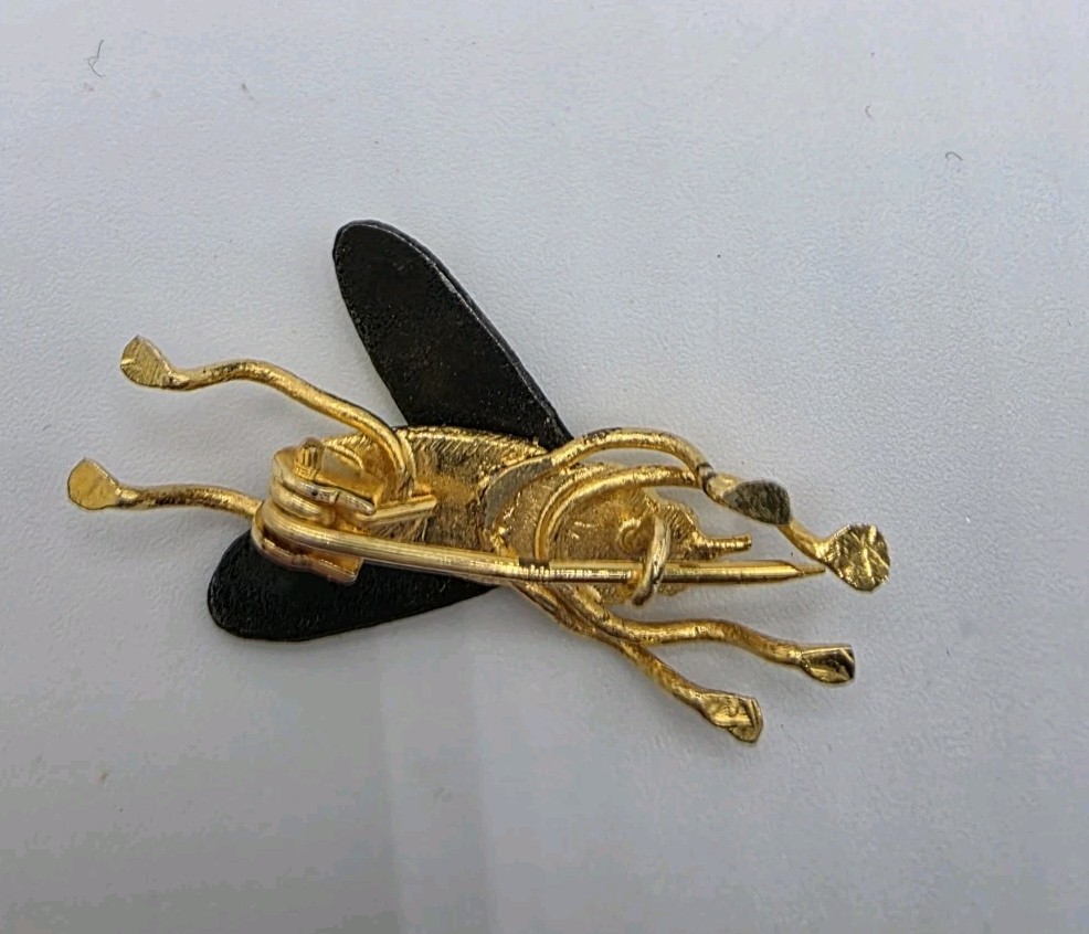 Vintage Spanish Damascene Fly Insect Bug Brooch Pin Jewelry Black Gold Engraved