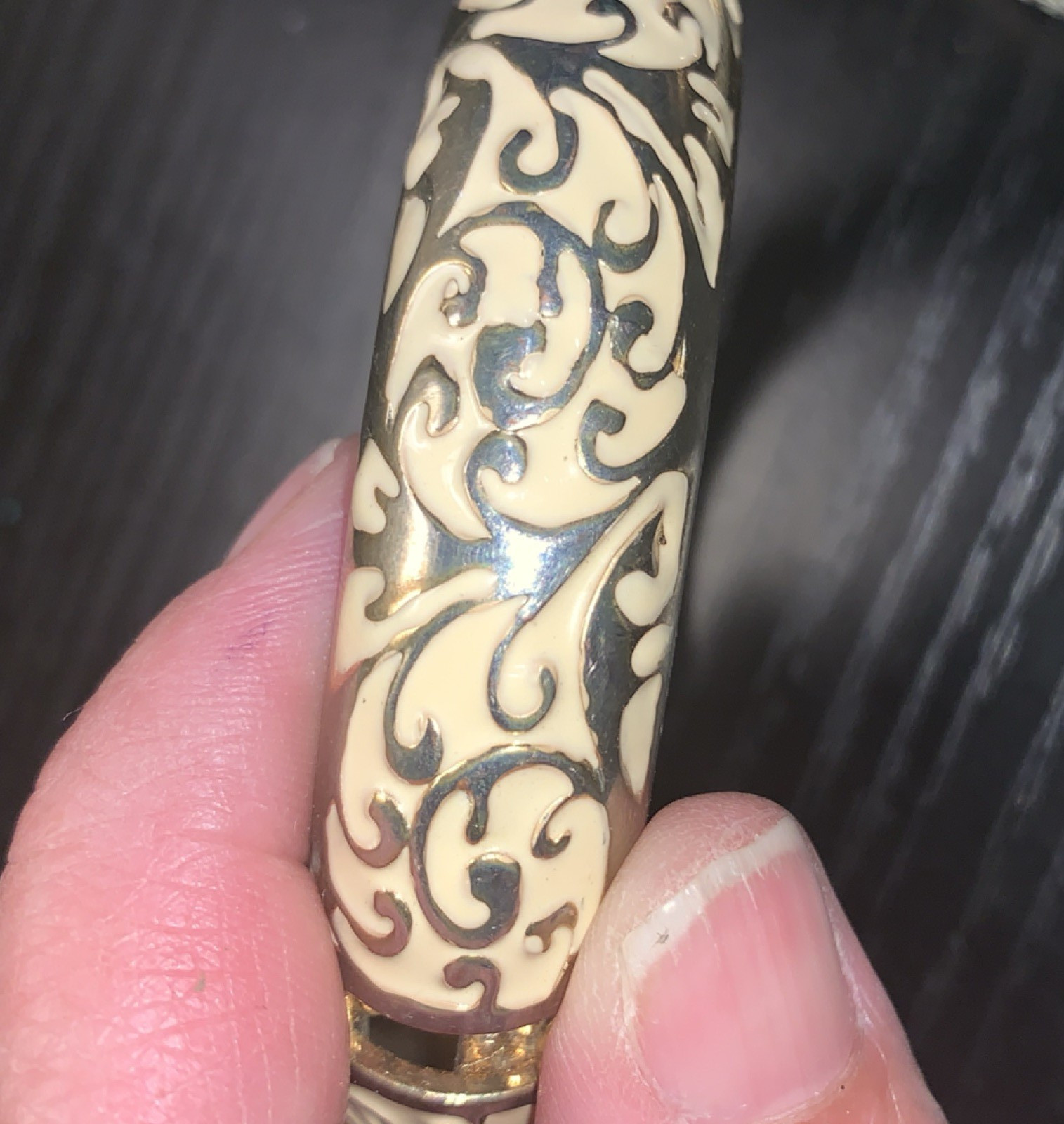 Vintage Ivory and Gold Enamel Hinged Bangle Bracelet Metal Floral Design