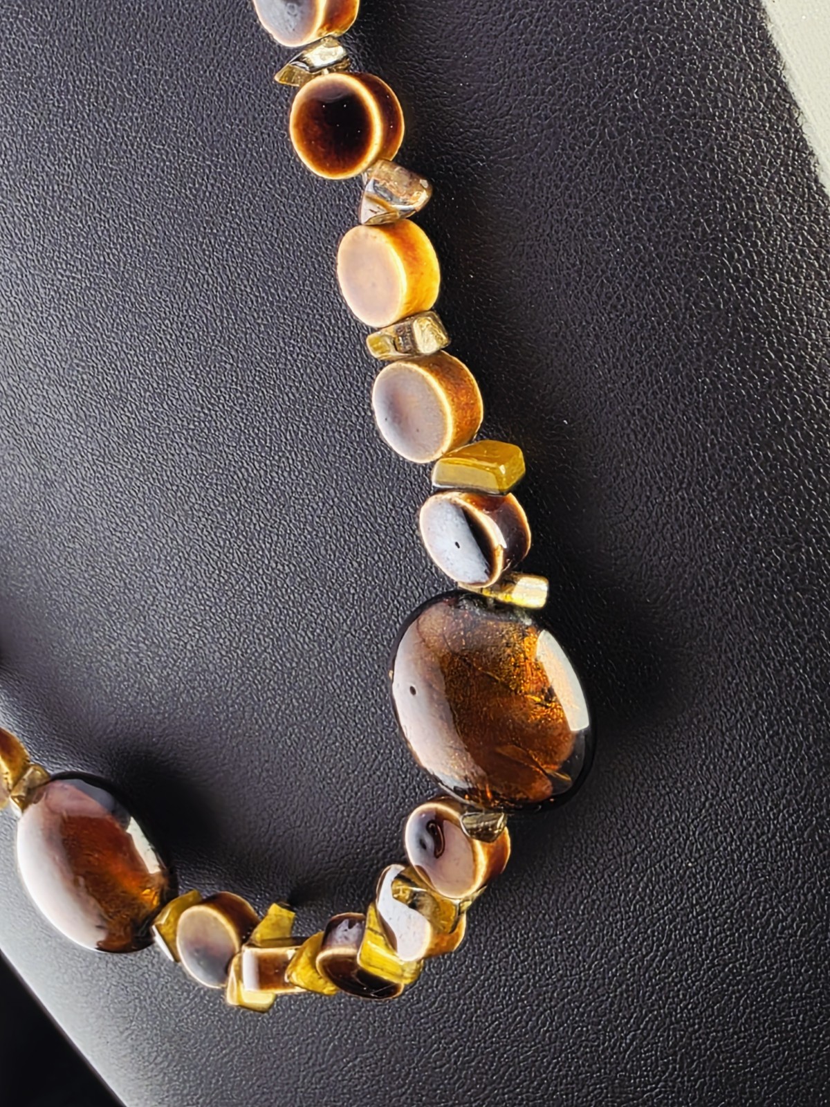Vintage TIGER’S EYE Glass Goldstone Necklace Chunky BOHO Earthy Statement 21″