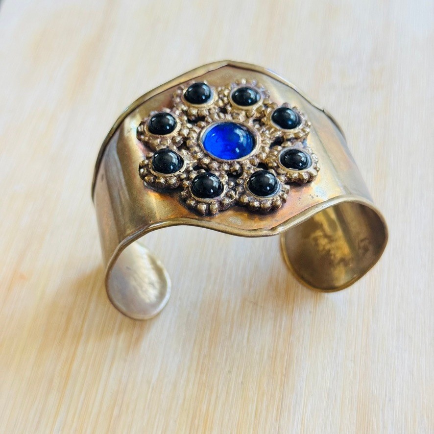 VTG Chunky Gripoix Style Glass Cabochon Bracelet Brass Statement Boho Indie Blue