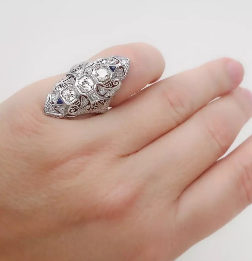 Circa 1920s Exquisite Art Deco 925 Real Silver White CZ & Blue Sapphire Ring