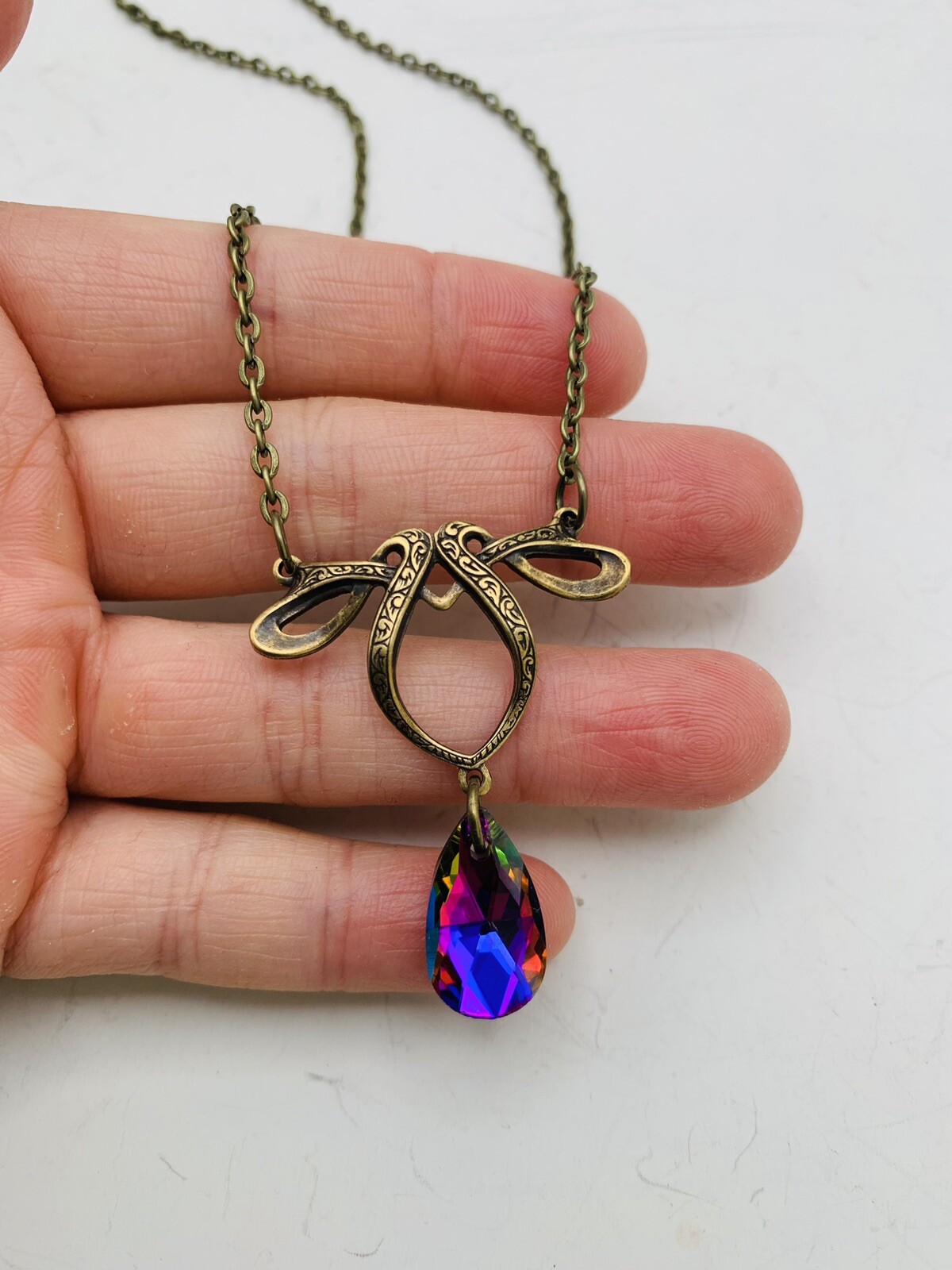 Vintage Style Art Nouveau Bronze Tone Rainbow Teardrop Bead 18 in Necklace