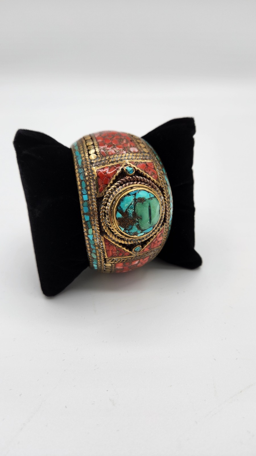 Vintage Brass Tibetan Style Inlaid Cuff Bracelet Multi Color Stones