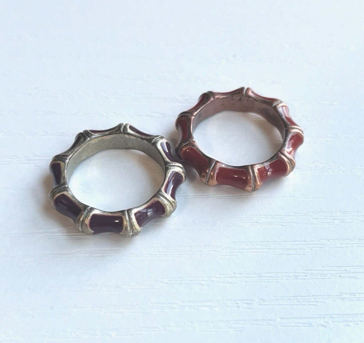 2-Enamel Eternity Band Bamboo Style Silver Tone Rings (Red & Purple) Size 8