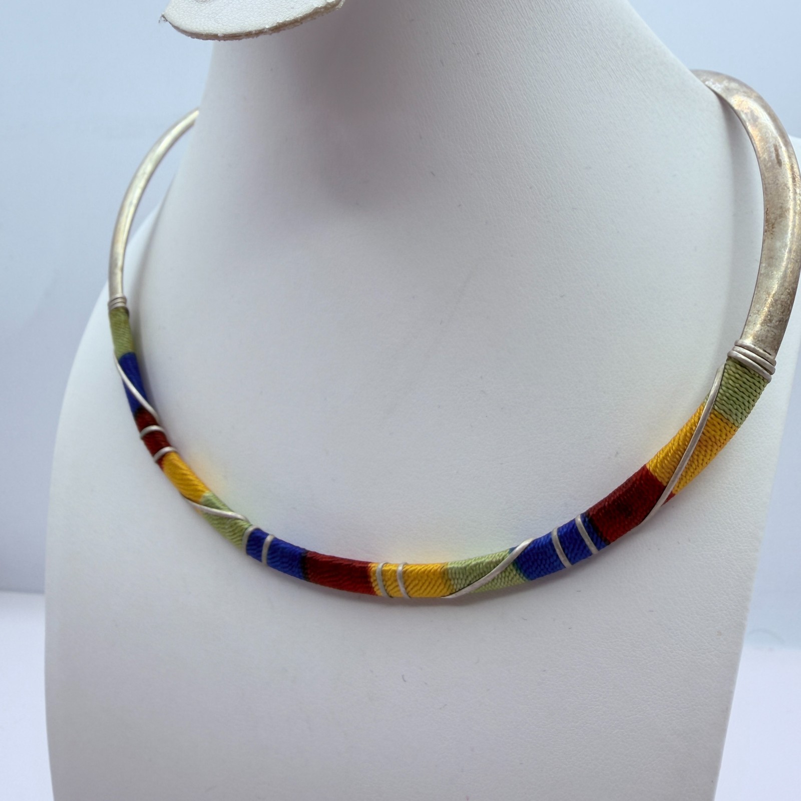 Vintage Silver Tone Thread Wrapped Jewelry Set Collar Necklace Cuff Hoop Earring