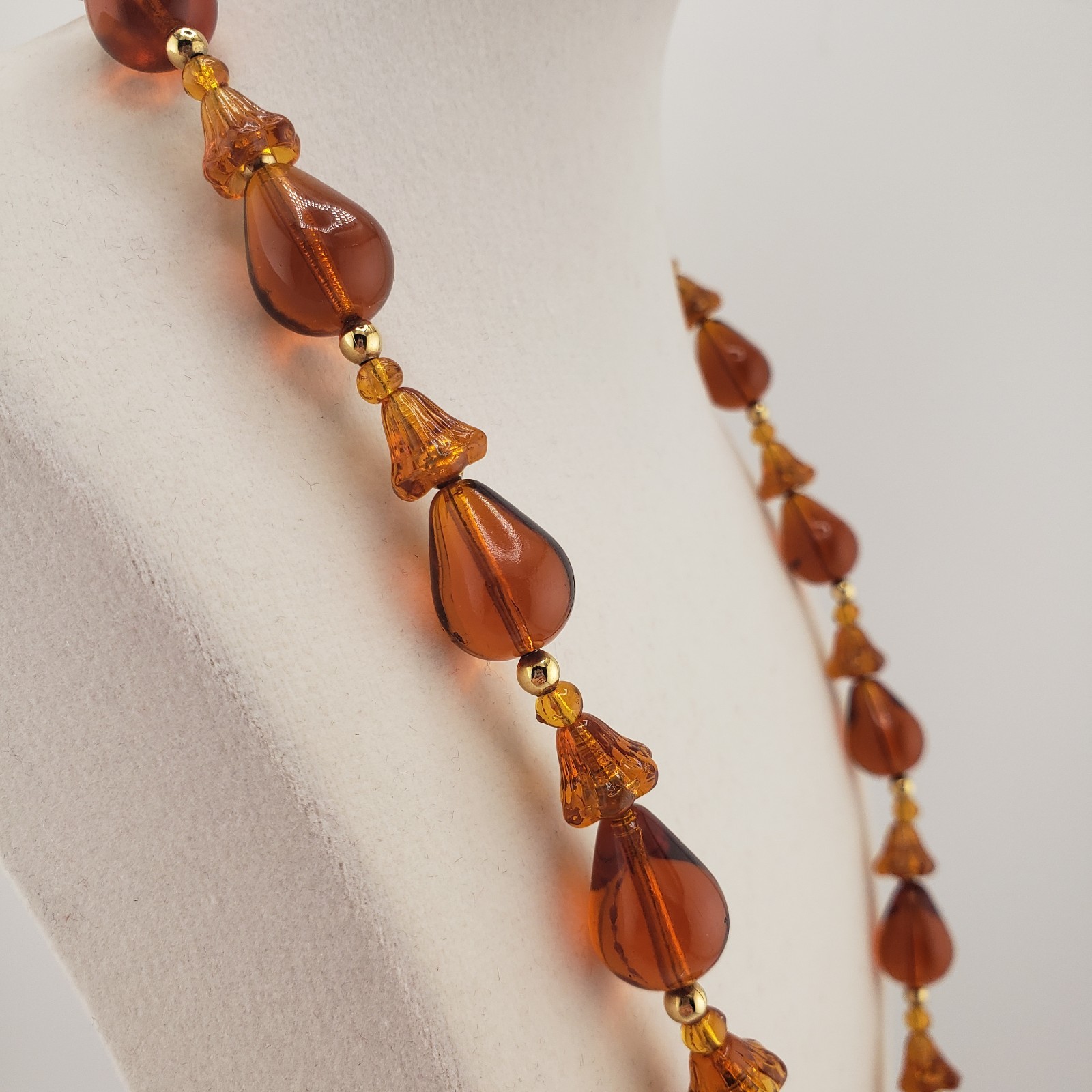 Glass Bead Necklace Chunky Multi Shapes Cognac Brown Earthy Boho Hippie VTG 22″