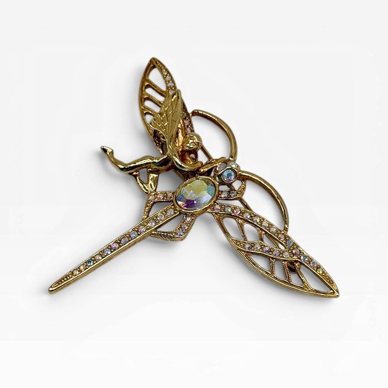 Vintage Kirks Folly Angel Dragonfly Crystal Brooch w/ Box